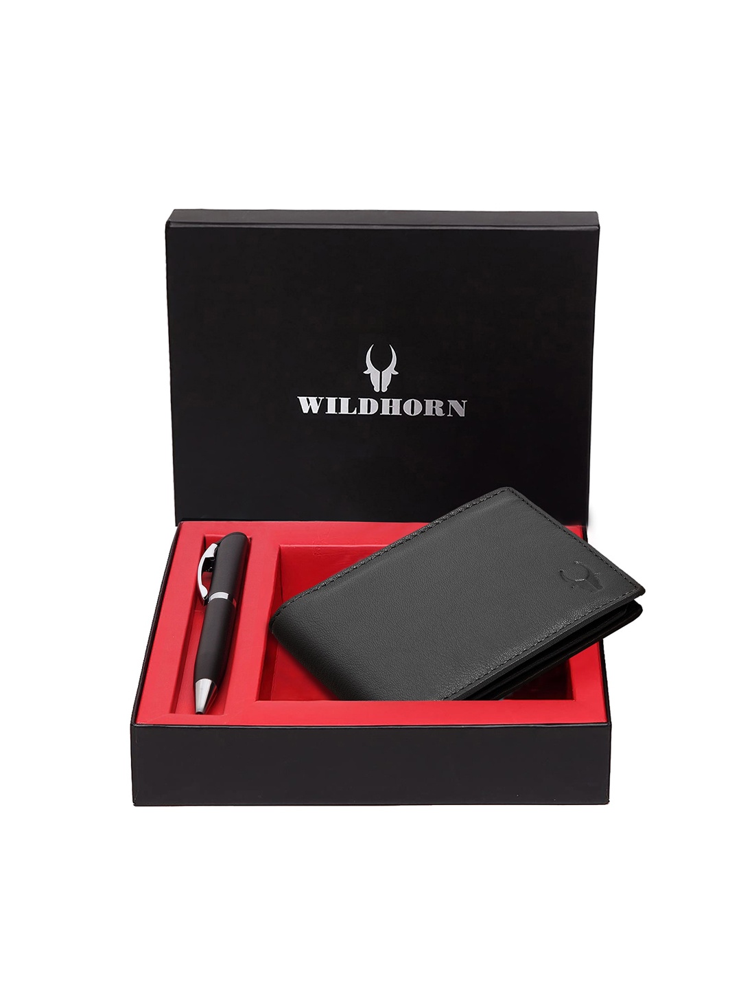 WildHorn Men Black & Silver-Toned RFID Protected Genuine Leather Accessory Gift Set
