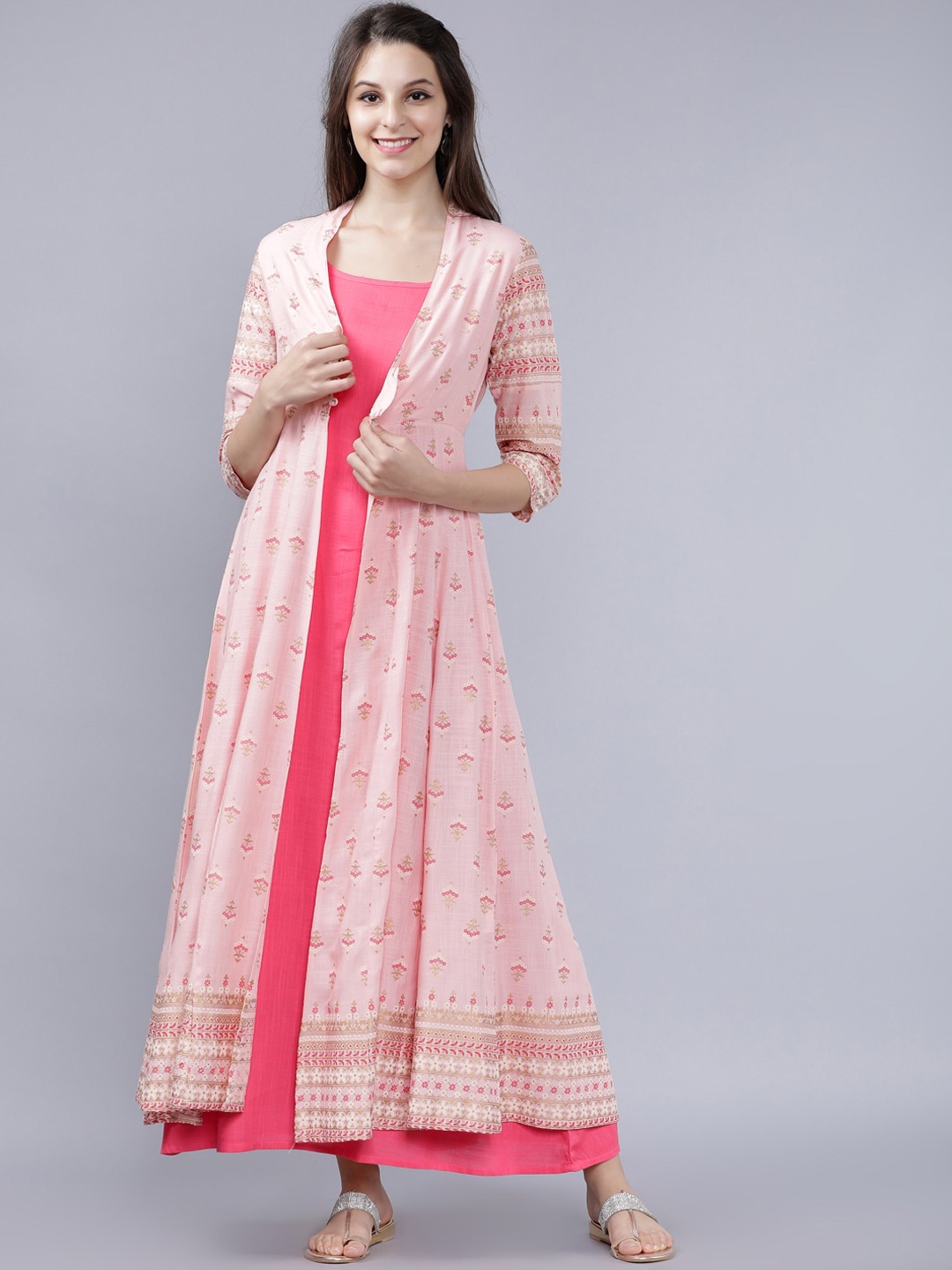 Vishudh Women Pink Floral Print Maxi Dress with Shrug