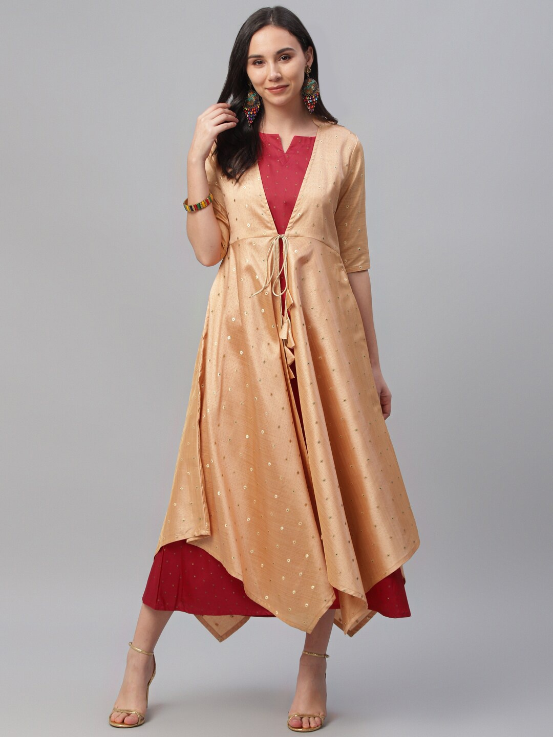 

Libas Maroon Embroidered A-Line Midi Dress With Beige Long Ethnic Shrug