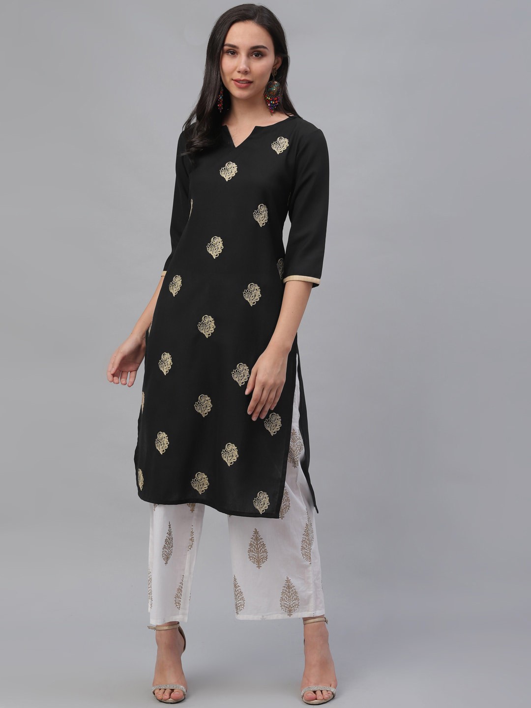 

Libas Women Black & Off-White Embroidered Straight Kurta