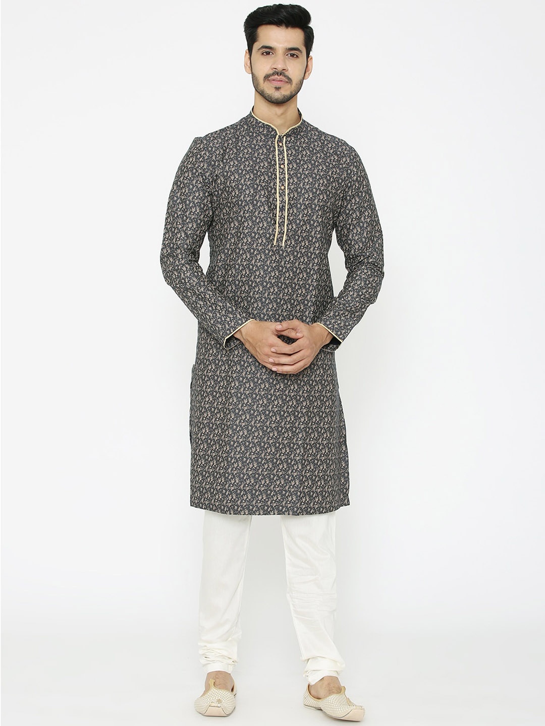 

Manyavar Men Grey & Cream-Coloured Printed Straight Kurta
