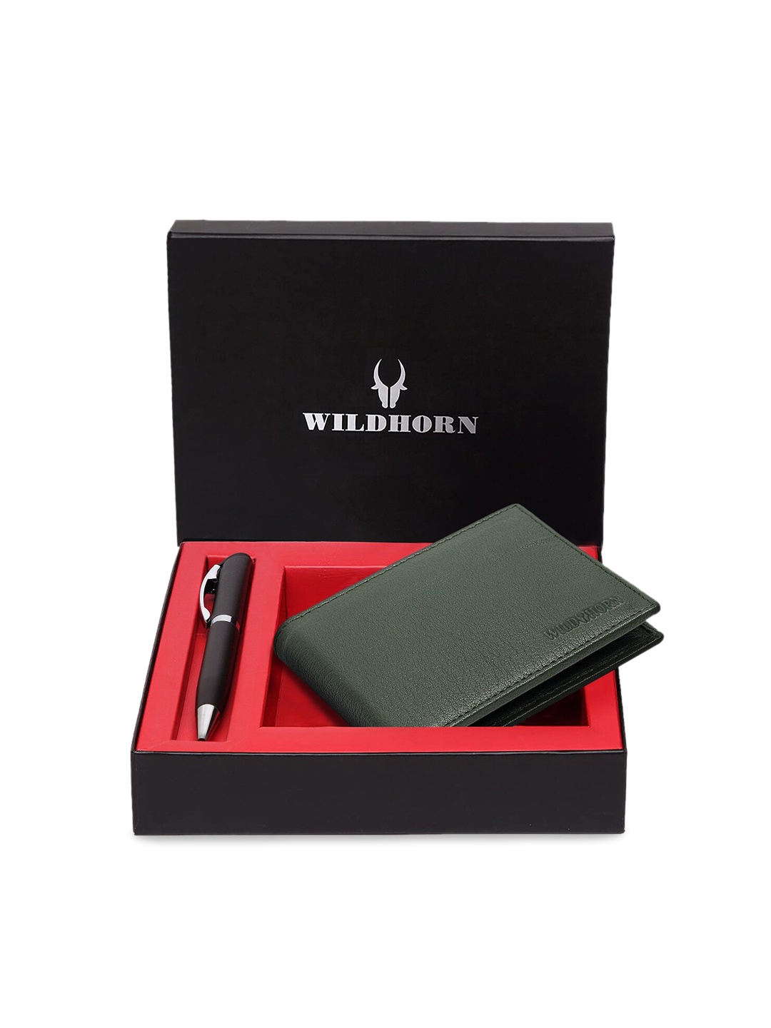 WildHorn Men Green & Black RFID Protected Genuine Leather Accessory Gift Set