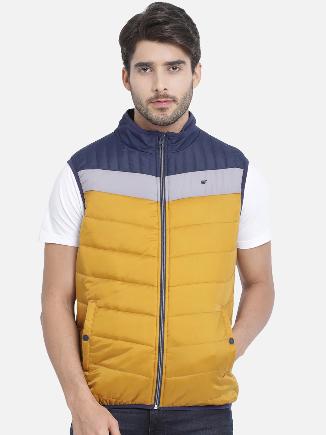 t-base Men Yellow & Navy Blue Colourblocked Lightweight Puffer Jacket
