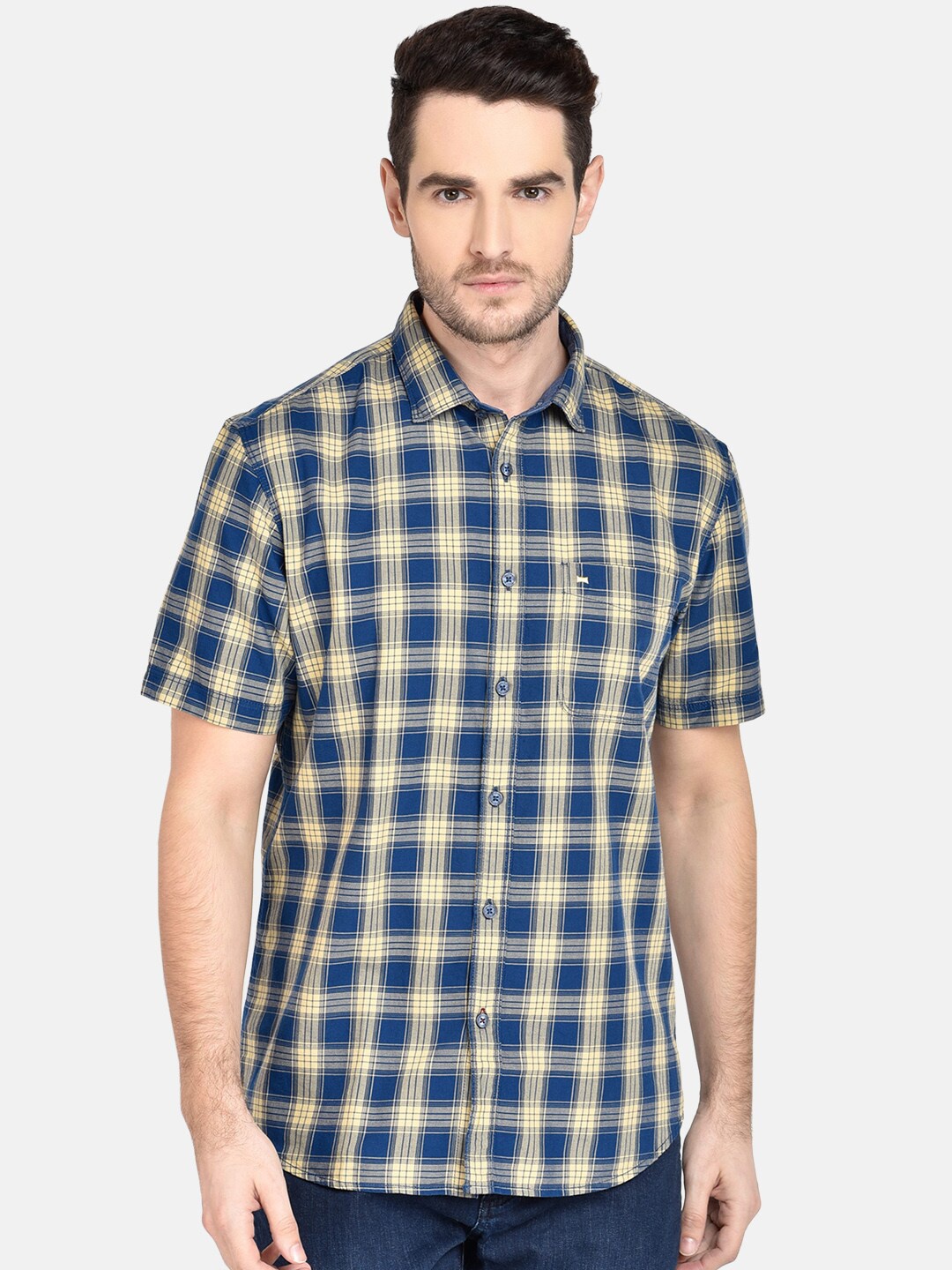 

Basics Men Yellow & Blue Slim Fit Checked Casual Shirt