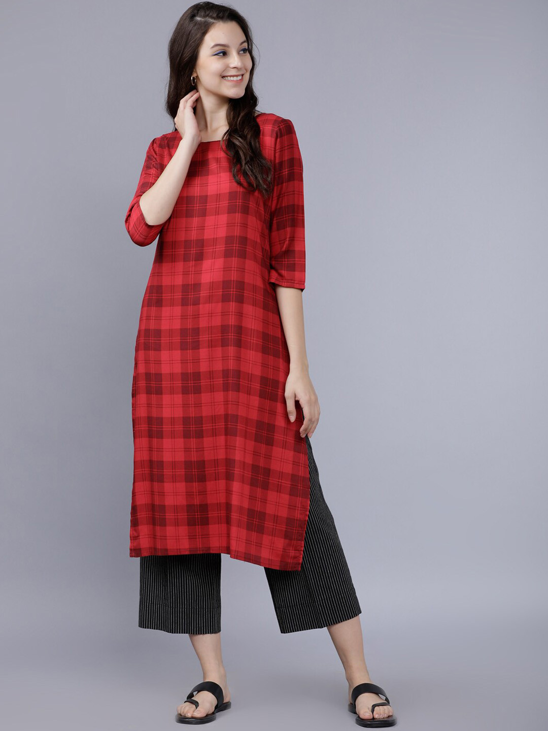 

Vishudh Women Red & Black Checked Straight Kurta