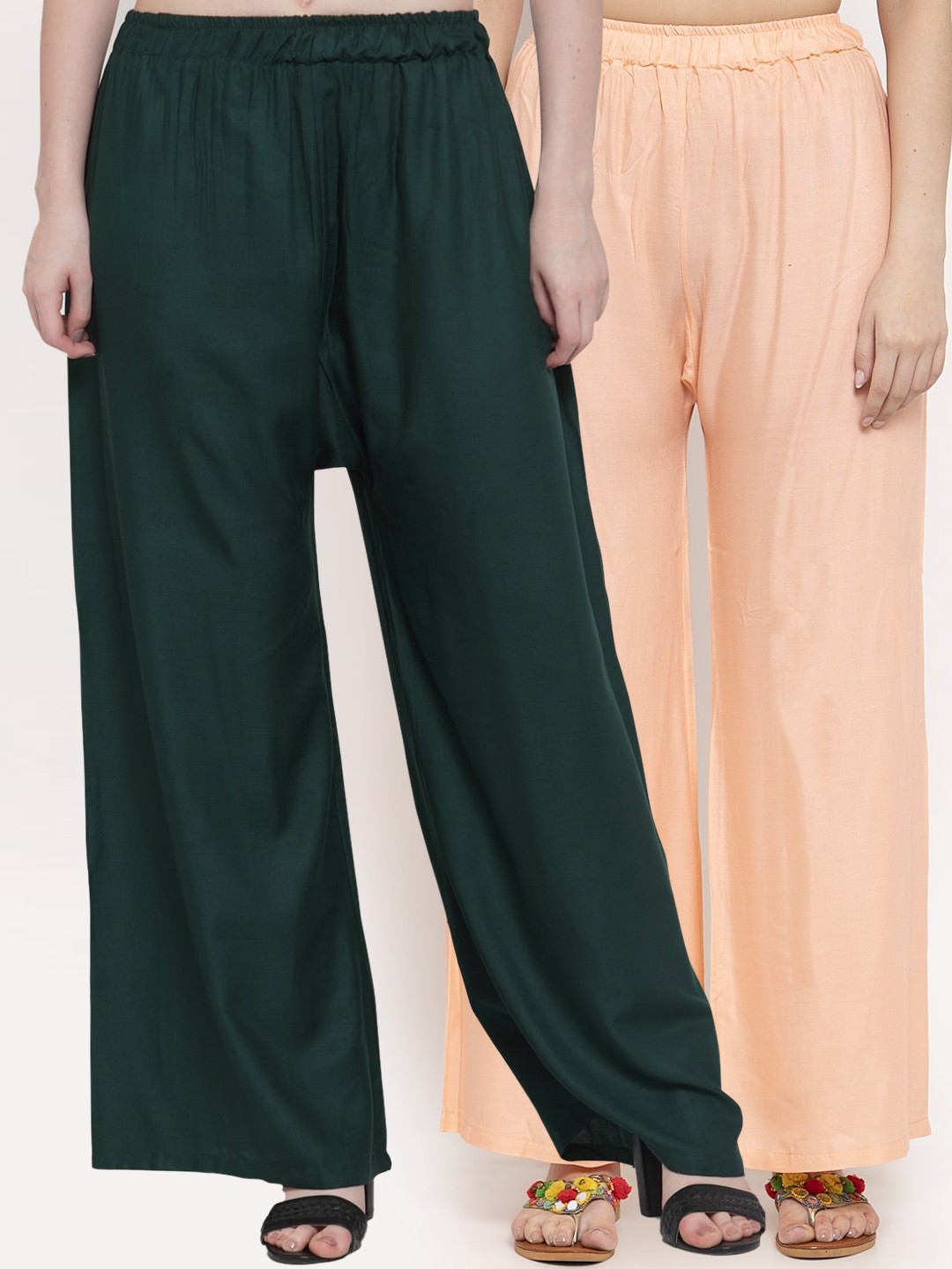 

TAG 7 Women Set Of 2 Peach-Coloured & Green Solid Flared Palazzos