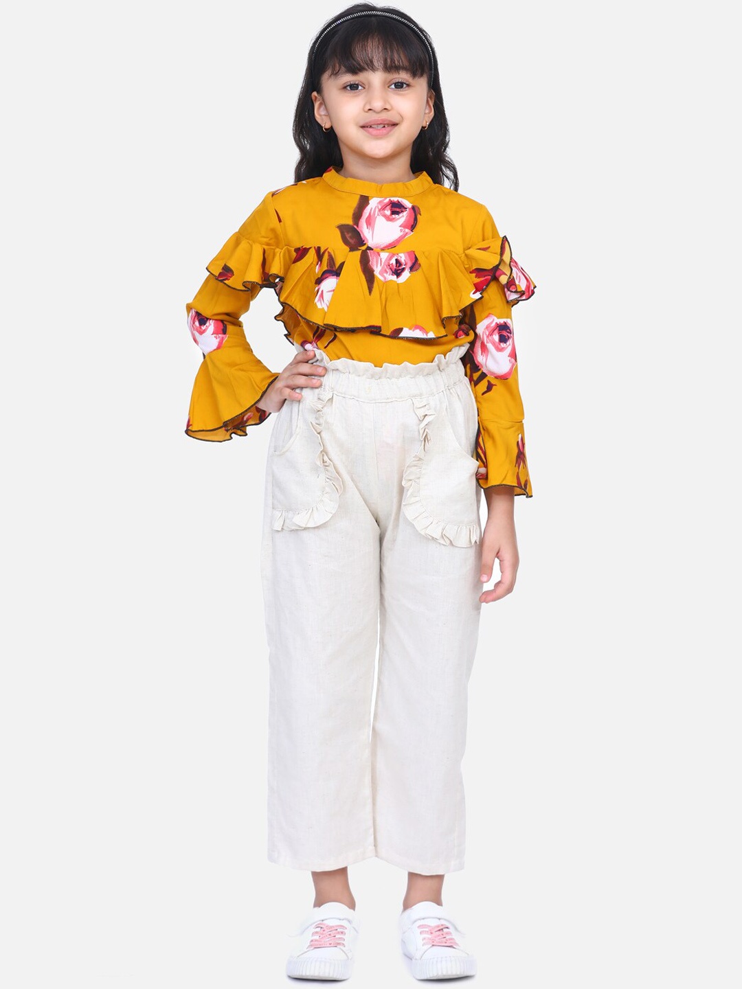 

Cutiekins Girls Mustard Yellow & Off-White Printed Top with Trousers