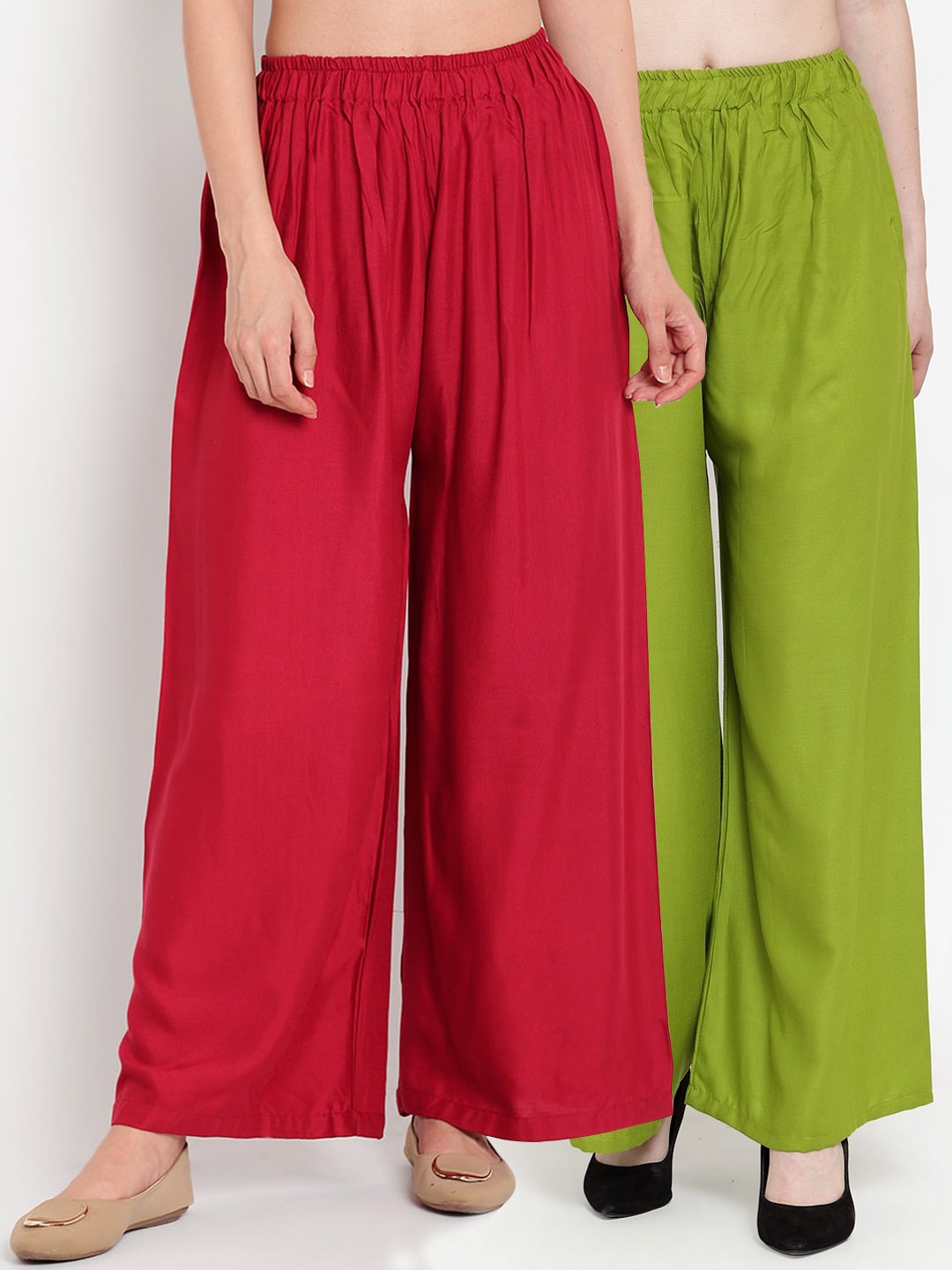 

TAG 7 Women Pack Of 2 Green & Maroon Solid Flared Palazzos