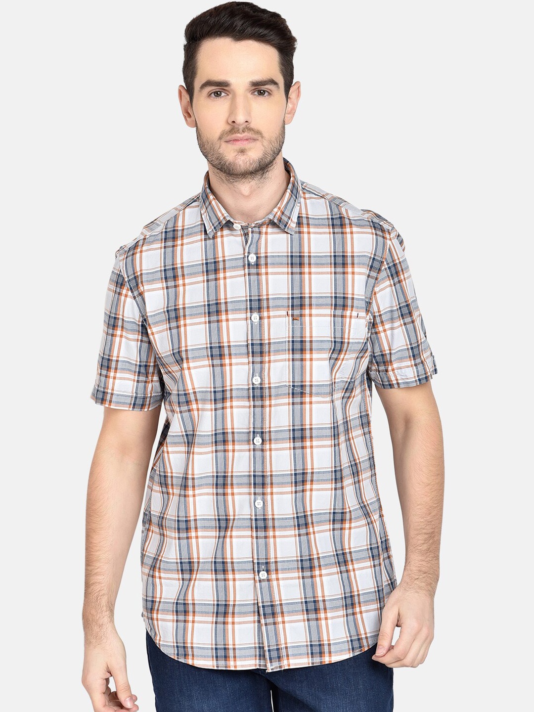

Basics Men Blue & Orange Slim Fit Checked Casual Shirt