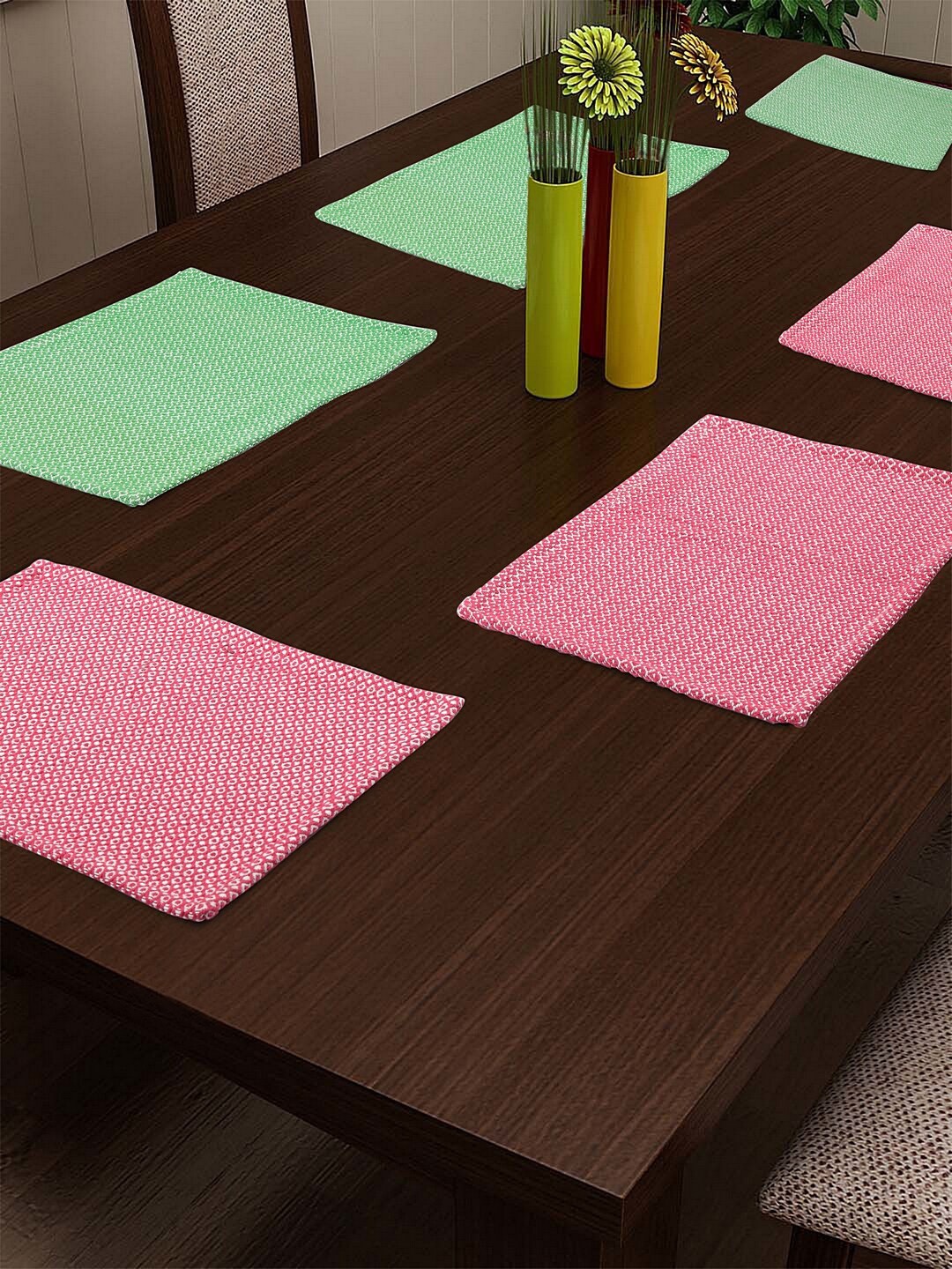 

KLOTTHE Pink & Green 6 Pcs Solid Table Mat Set