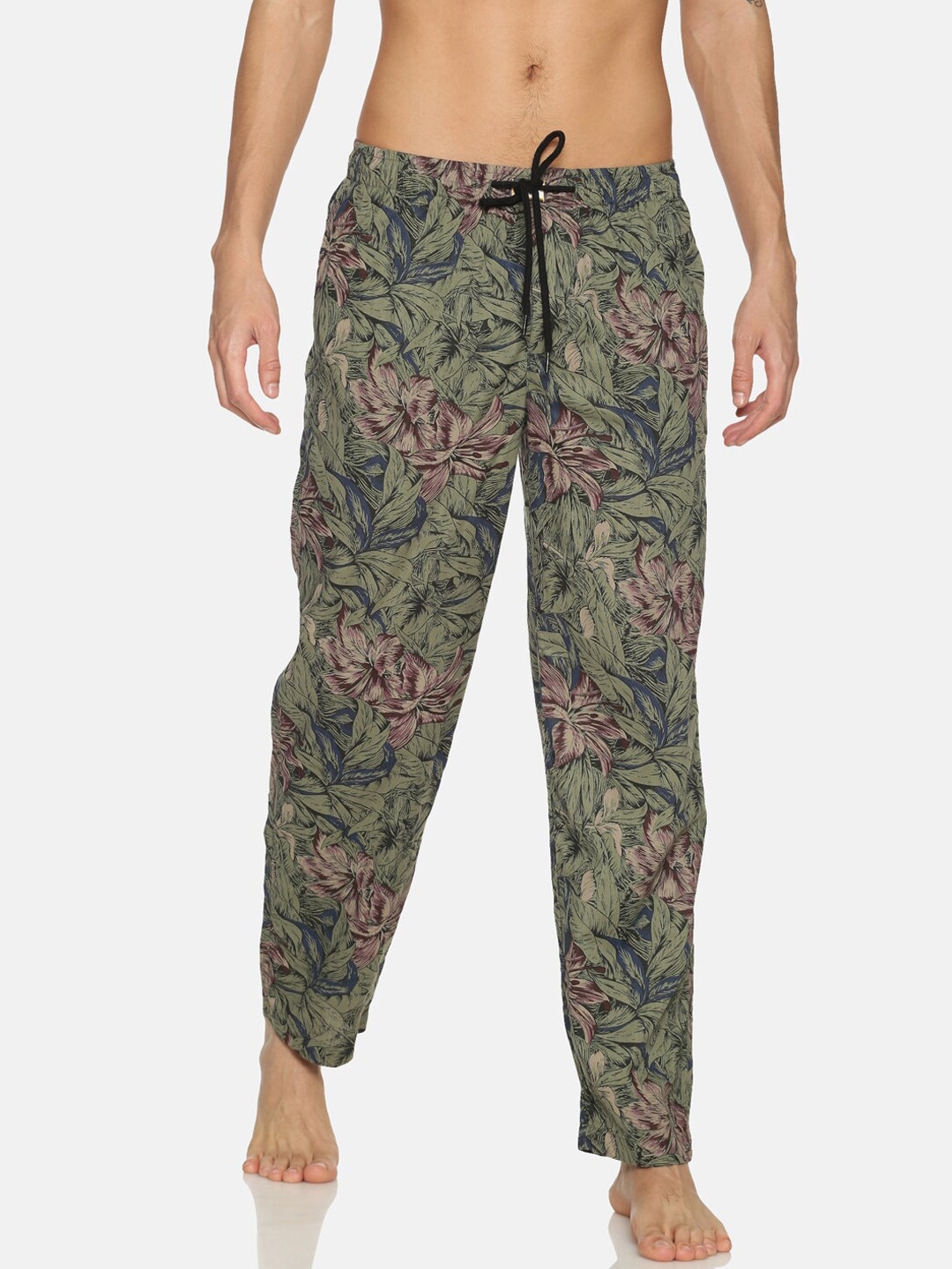 

Bene Kleed Men Olive Green & Blue Tropical Printed Anti Bacterial Lounge Pants