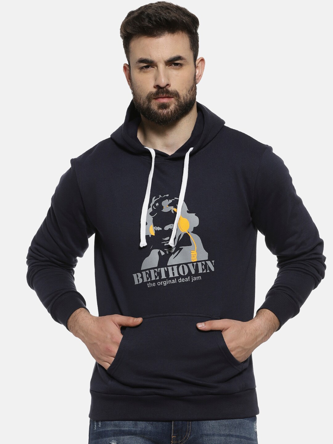

Campus Sutra Men Navy Blue Beethoven Printed Hooded Sweatshirt