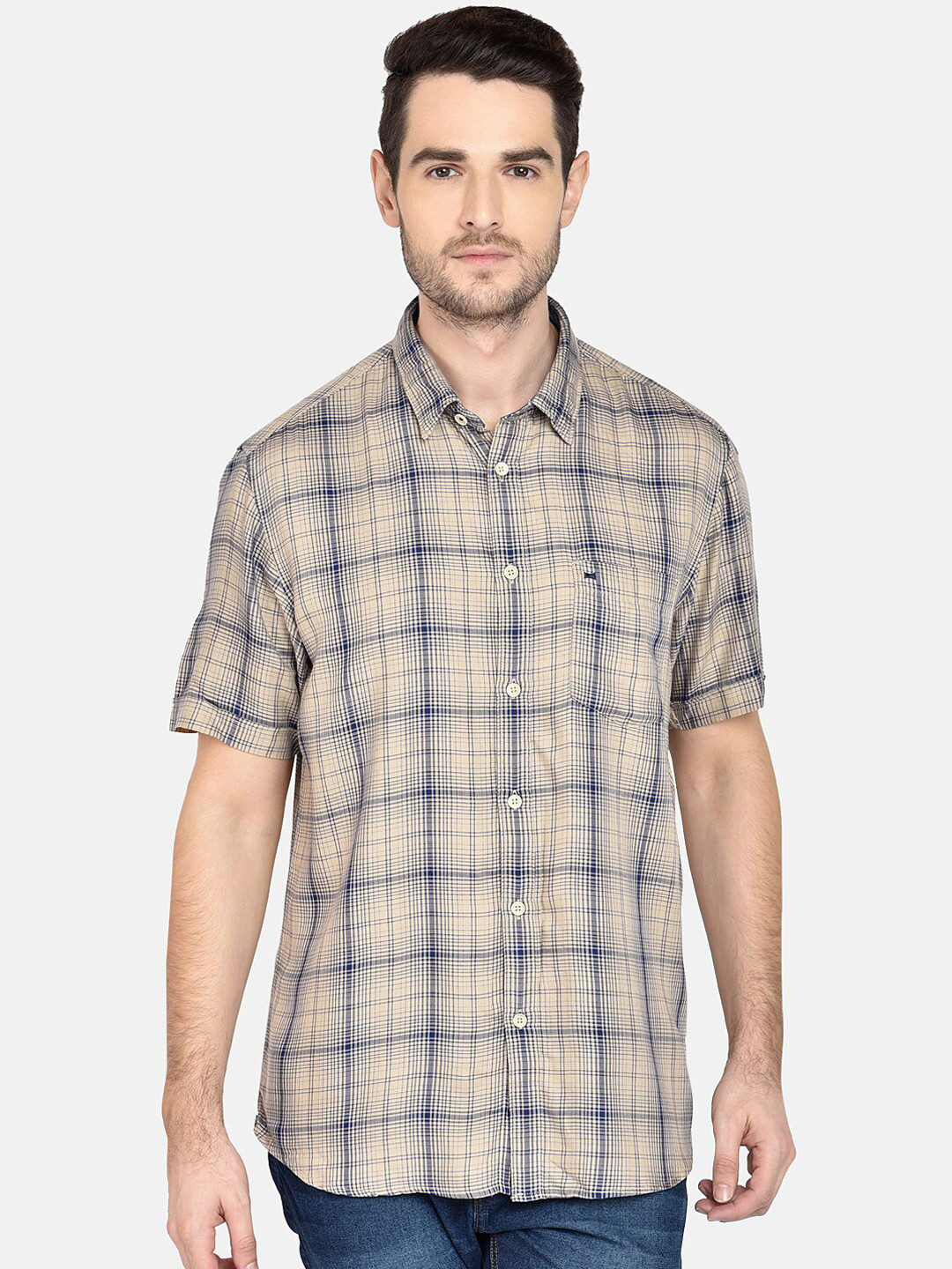 

Basics Men Khaki Brown & Blue Slim Fit Checked Casual Shirt