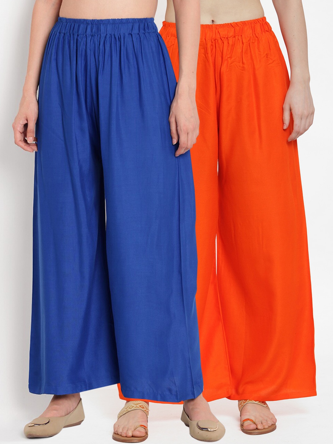 

TAG 7 Women Pack Of 2 Orange & Blue Solid Flared Palazzos