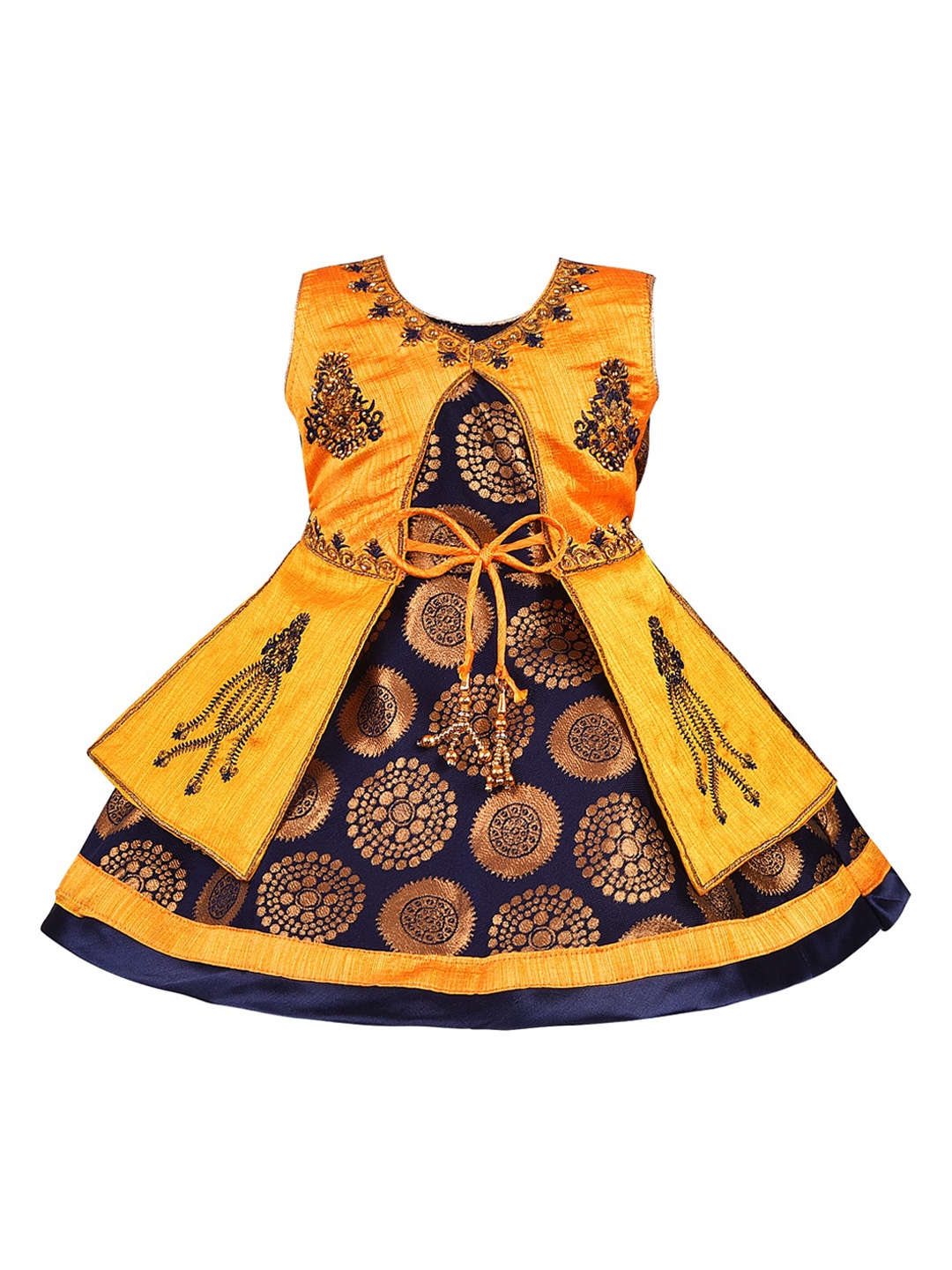 

Wish Karo Girls Navy Blue & Yellow Floral Print Fit and Flare Layered Dress