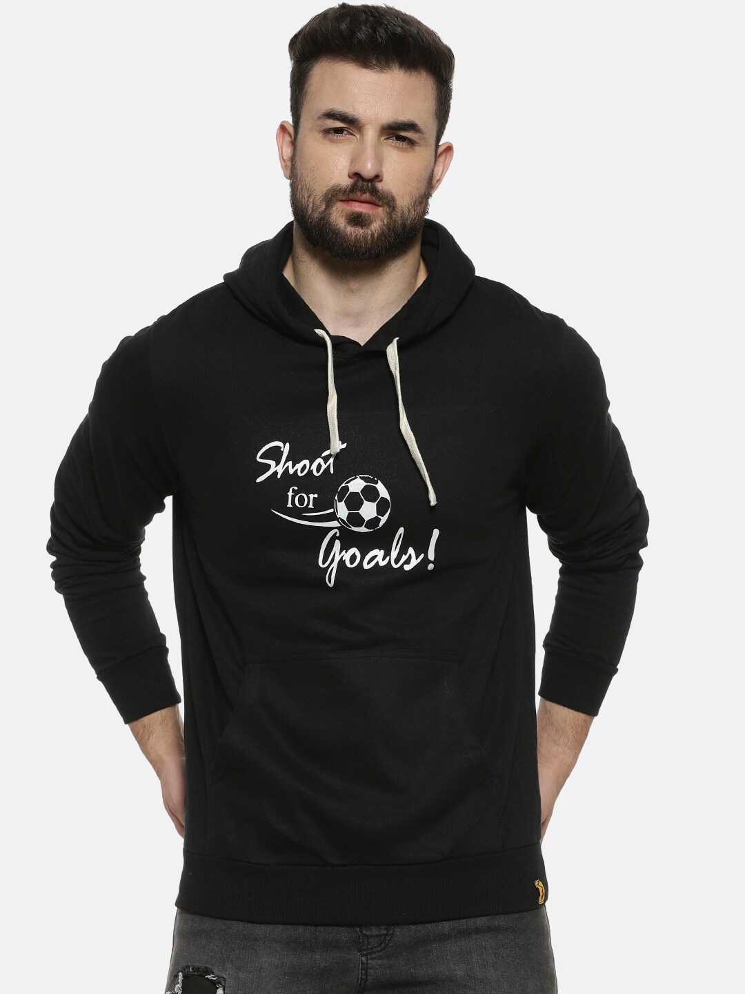 

Campus Sutra Men Black & White Printed Hooded Sweatshirt