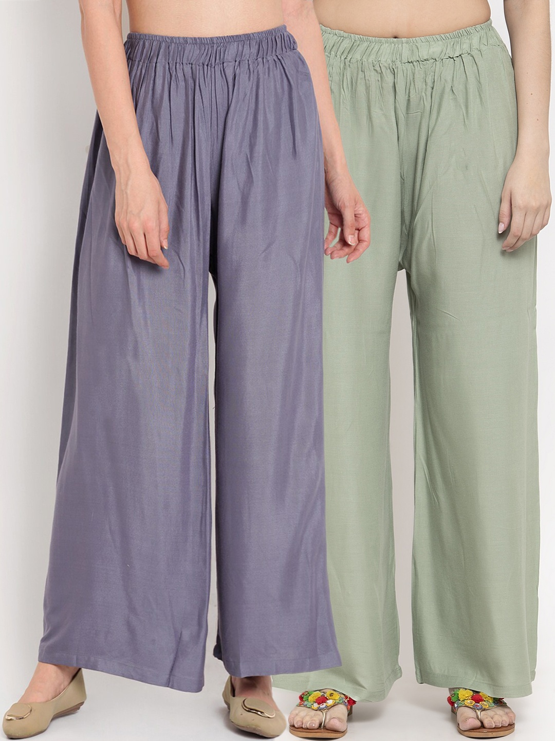 

TAG 7 Women Sage Green & Steel Grey Pack of 2 Solid Flared Palazzos