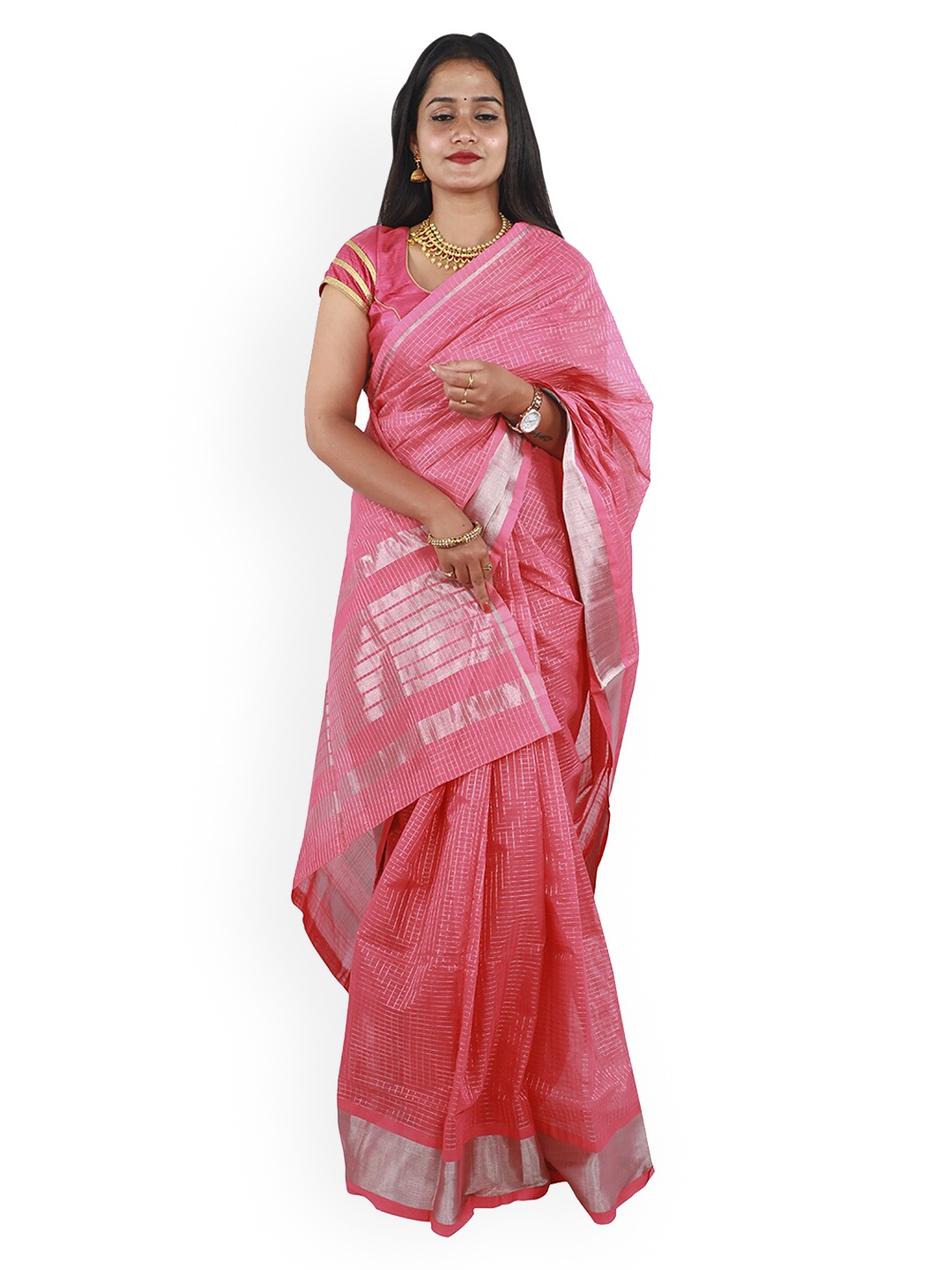

APCO Pink Pure Cotton Checked Venkatgiri Saree