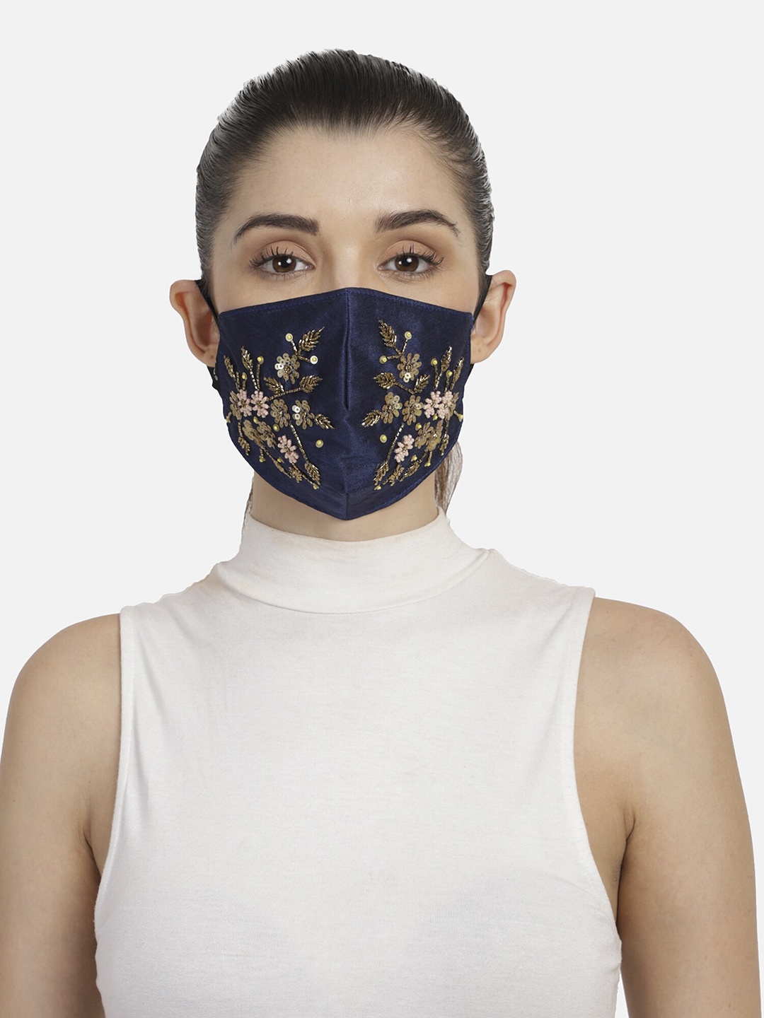 

Anekaant Women Blue Embroidered 3-Ply Reusable Denim Fabric Cloth Mask, Navy blue