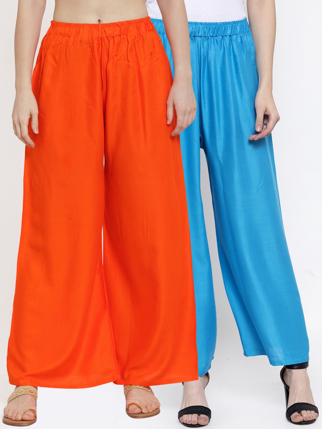 

TAG 7 Women Pack Of 2 Orange & Blue Solid Flared Palazzos