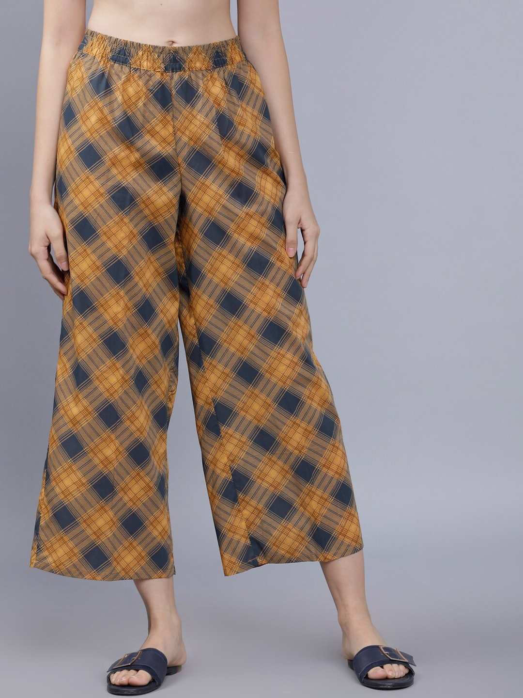 

Vishudh Women Mustard Yellow & Grey Checked Cropped Ethnic Palazzos