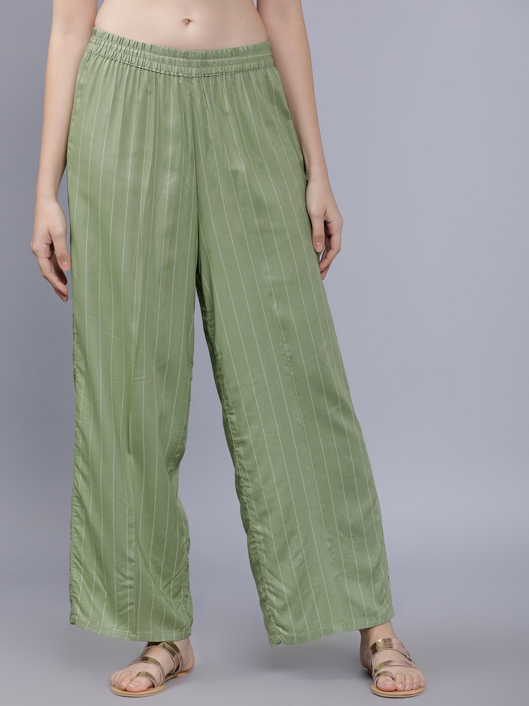 

Vishudh Women Green Striped Straight Palazzos