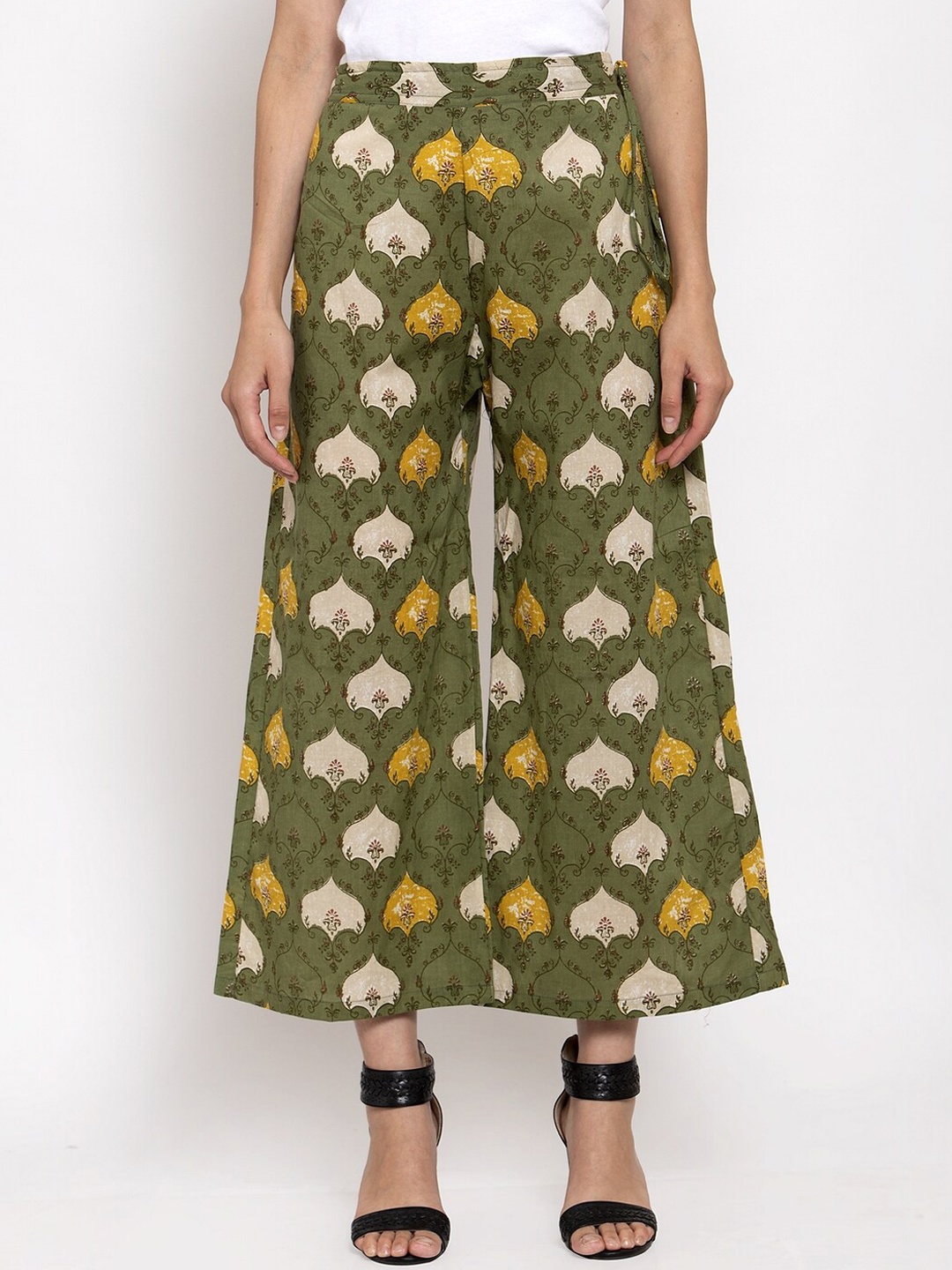 

TAG 7 Women Olive Green Printed Flared Palazzos