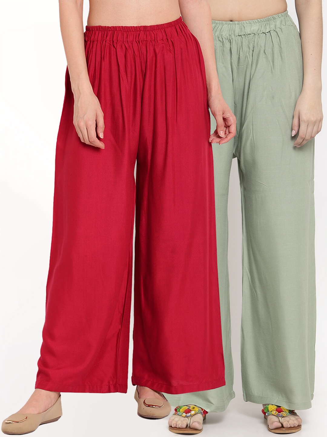 

TAG 7 Women Pack Of 2 Solid Straight Palazzos, Green
