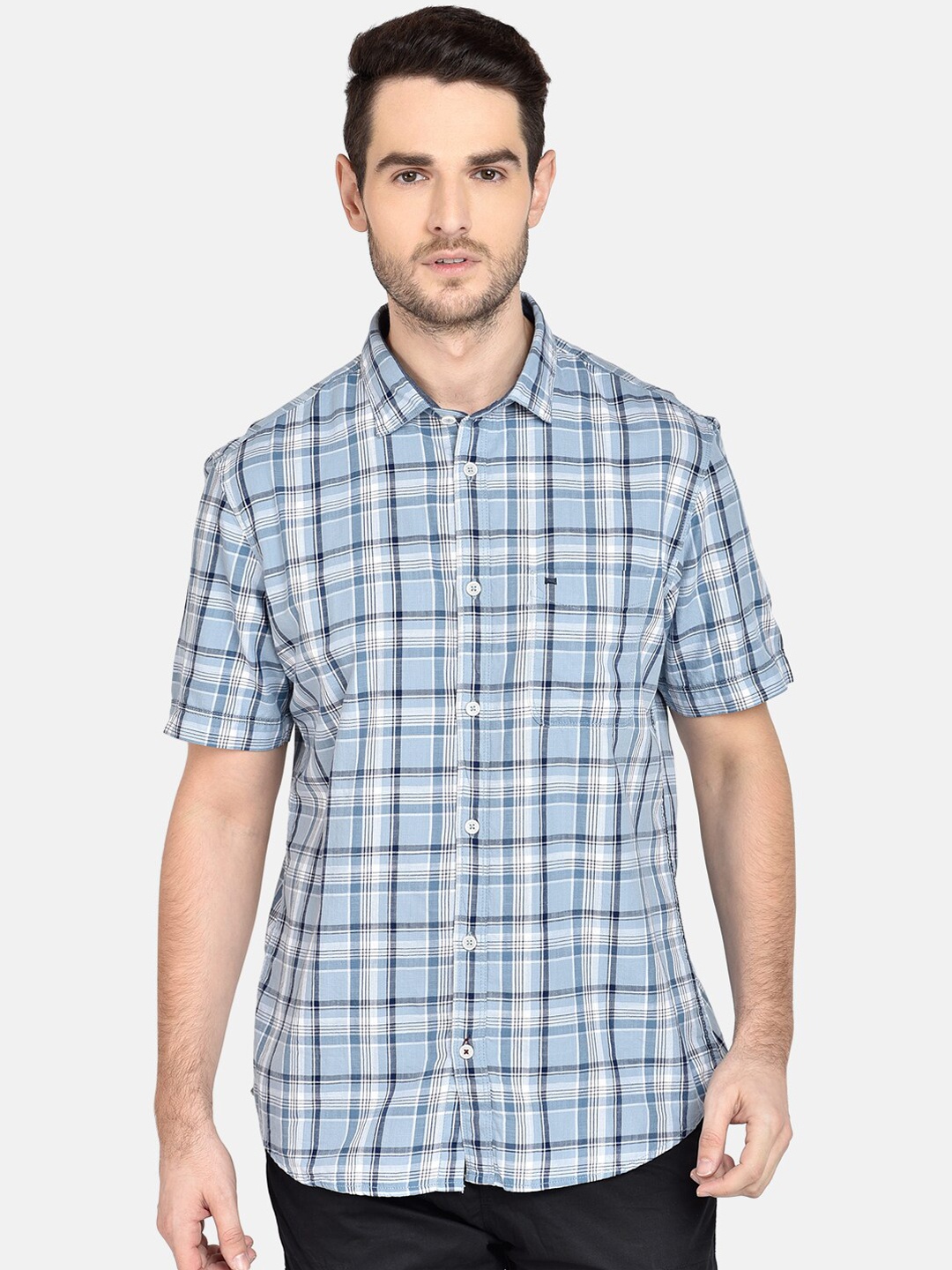 

Basics Men Blue & White Slim Fit Checked Casual Shirt