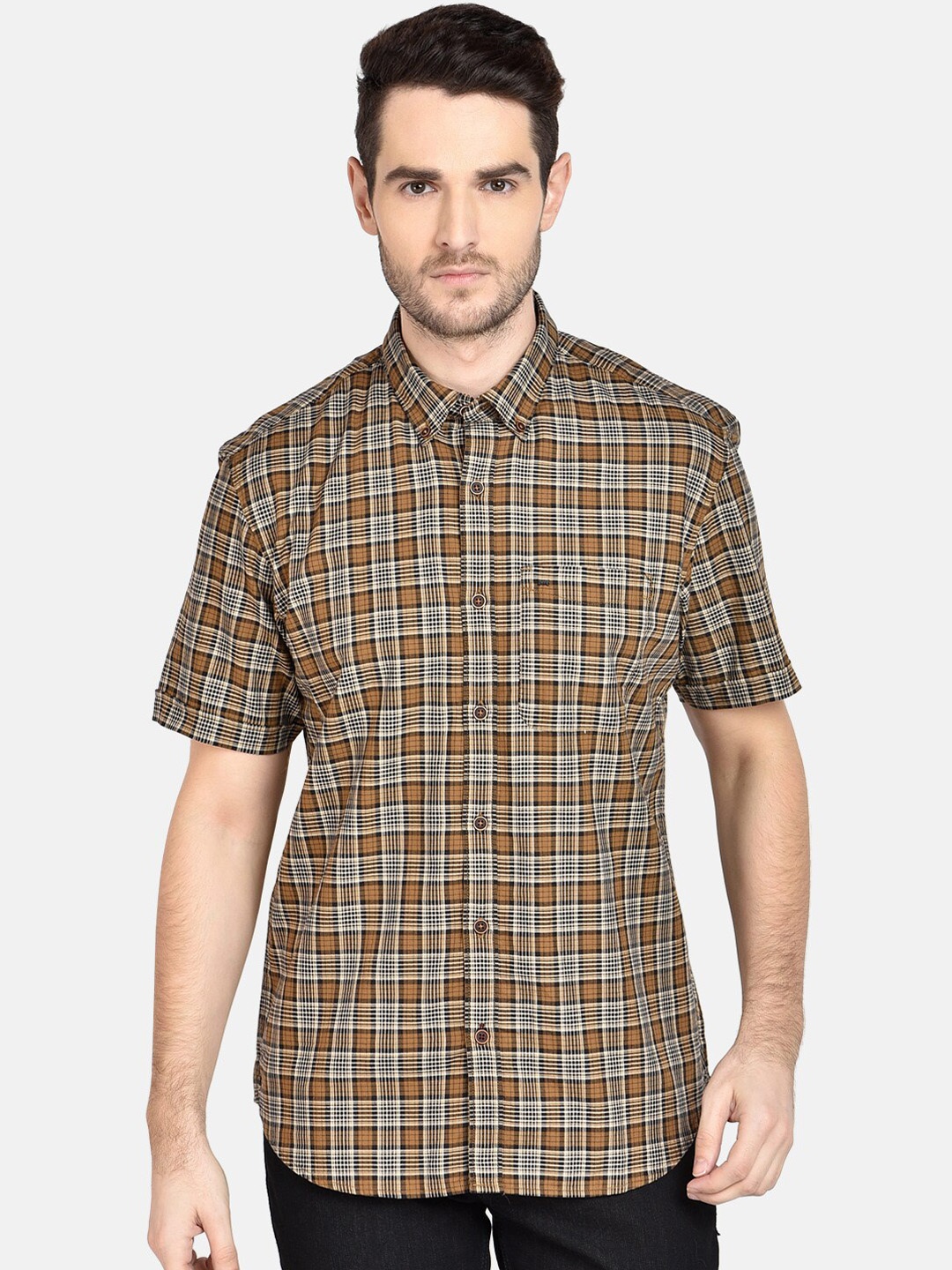 

Basics Men Brown & White Slim Fit Checked Casual Shirt
