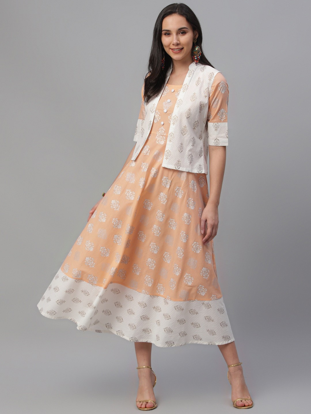 

Libas Women Orange Printed A-Line Dress with Ethnic Shrug