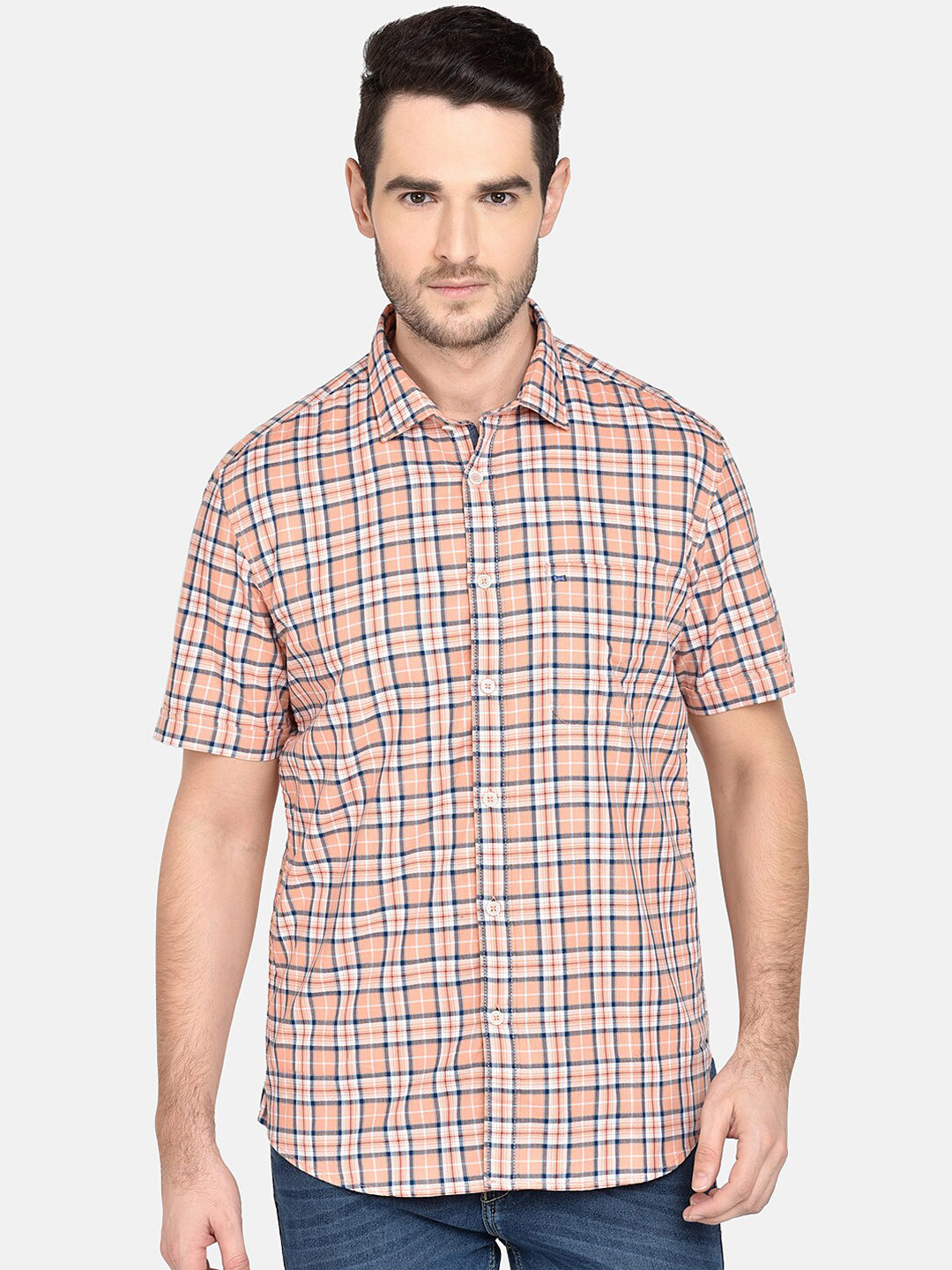 

Basics Men Orange & Off-White Slim Fit Checked Casual Shirt