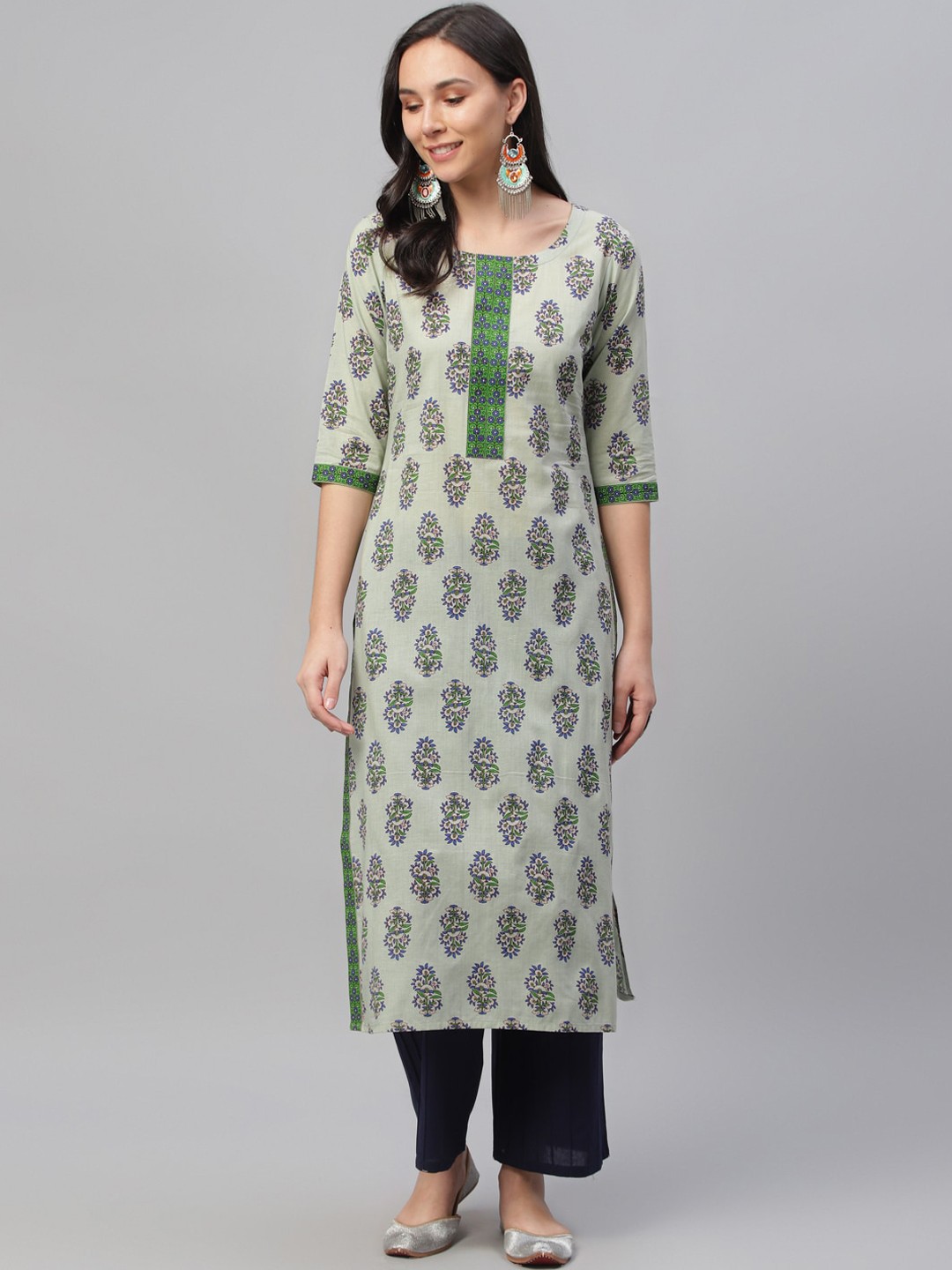 

Libas Women Green & Navy Blue Printed Straight Kurta