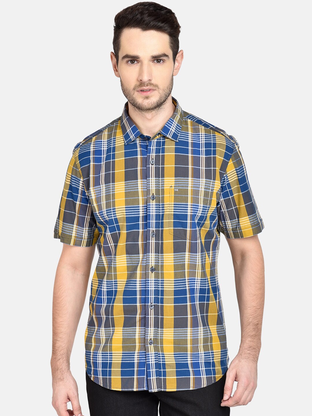 

Basics Men Yellow & Blue Slim Fit Checked Casual Shirt