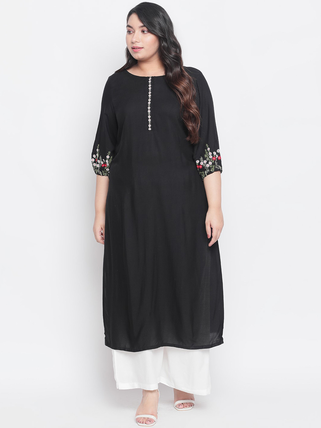 

Amydus Women Plus Size Black Solid Straight Kurta