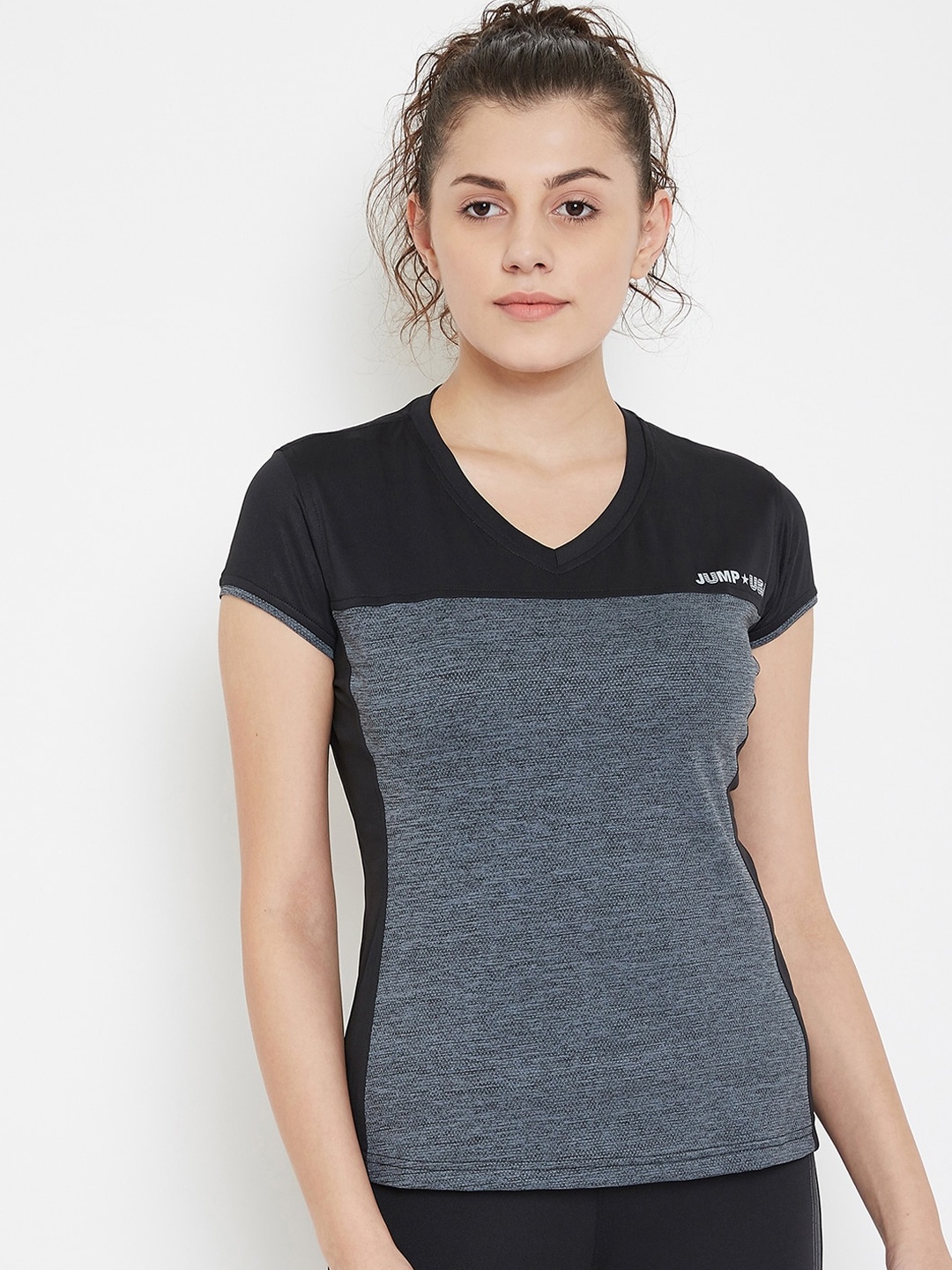 

JUMP USA Women Black & Grey Colourblocked V-Neck T-shirt