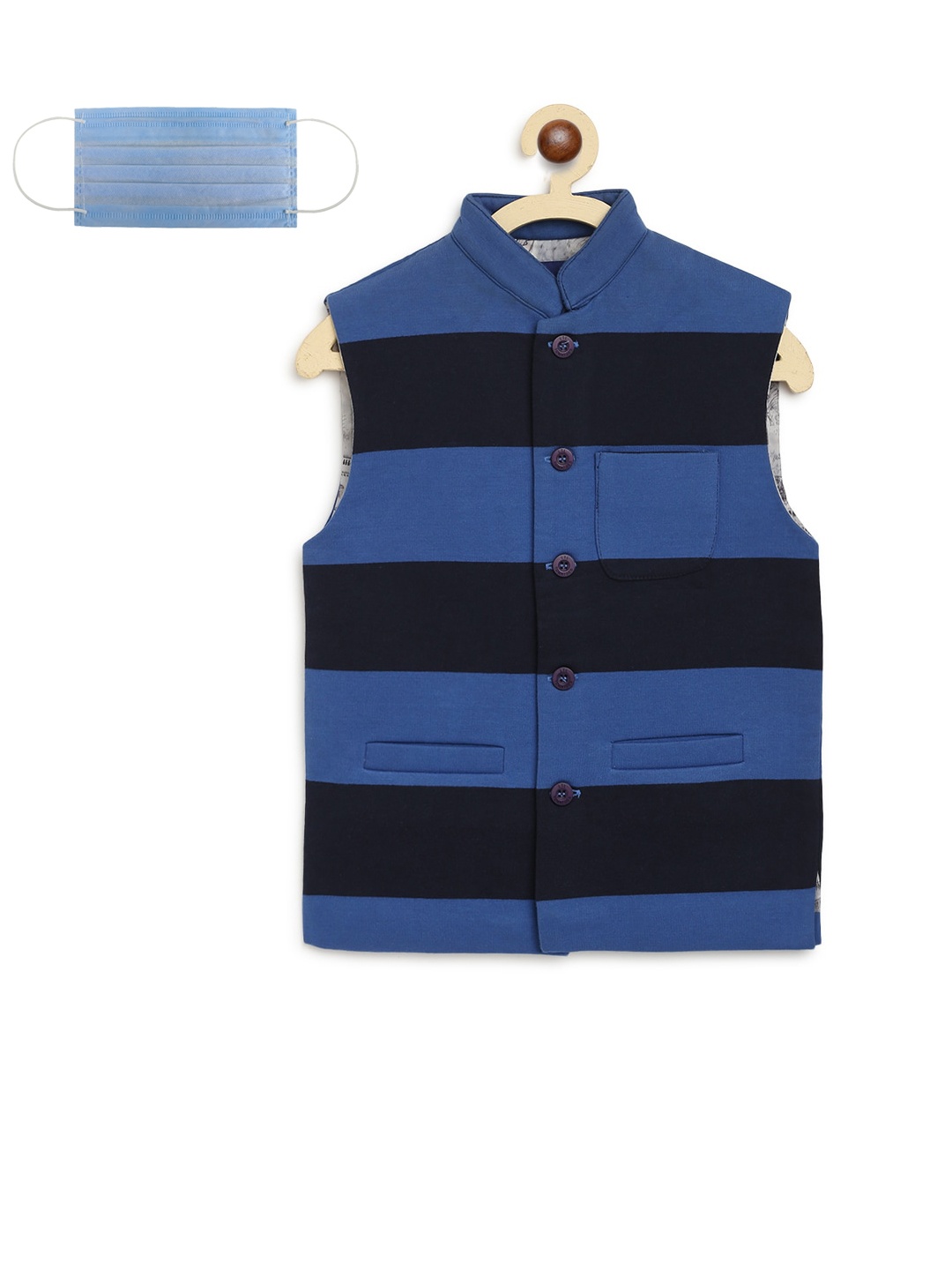 

Lil Tomatoes Boys Blue & Black Colourblocked Pure Cotton Nehru Jacket With Face Mask