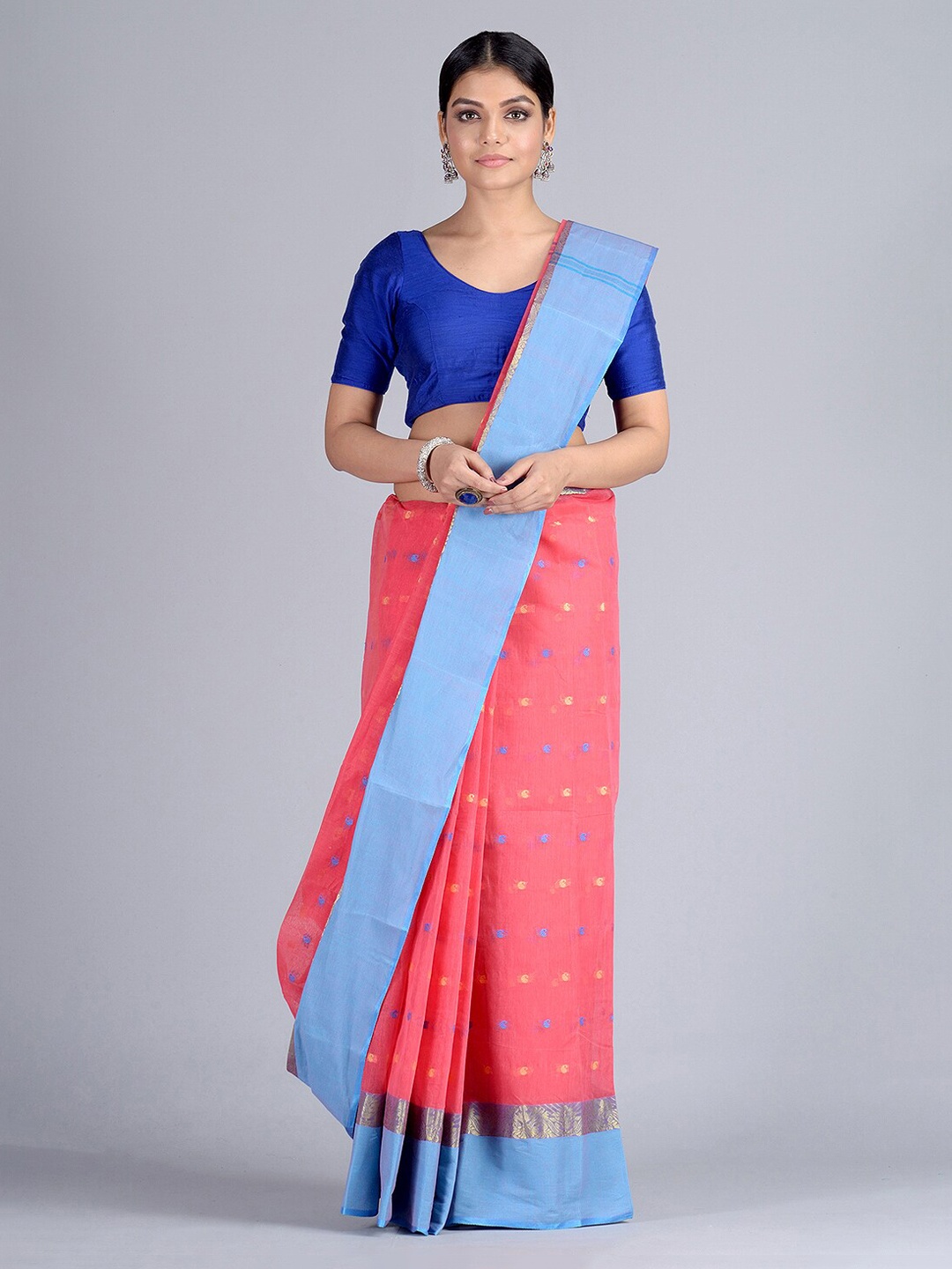

Mitera Peach-Coloured & Blue Pure Cotton Woven Design Handloom Taant Saree