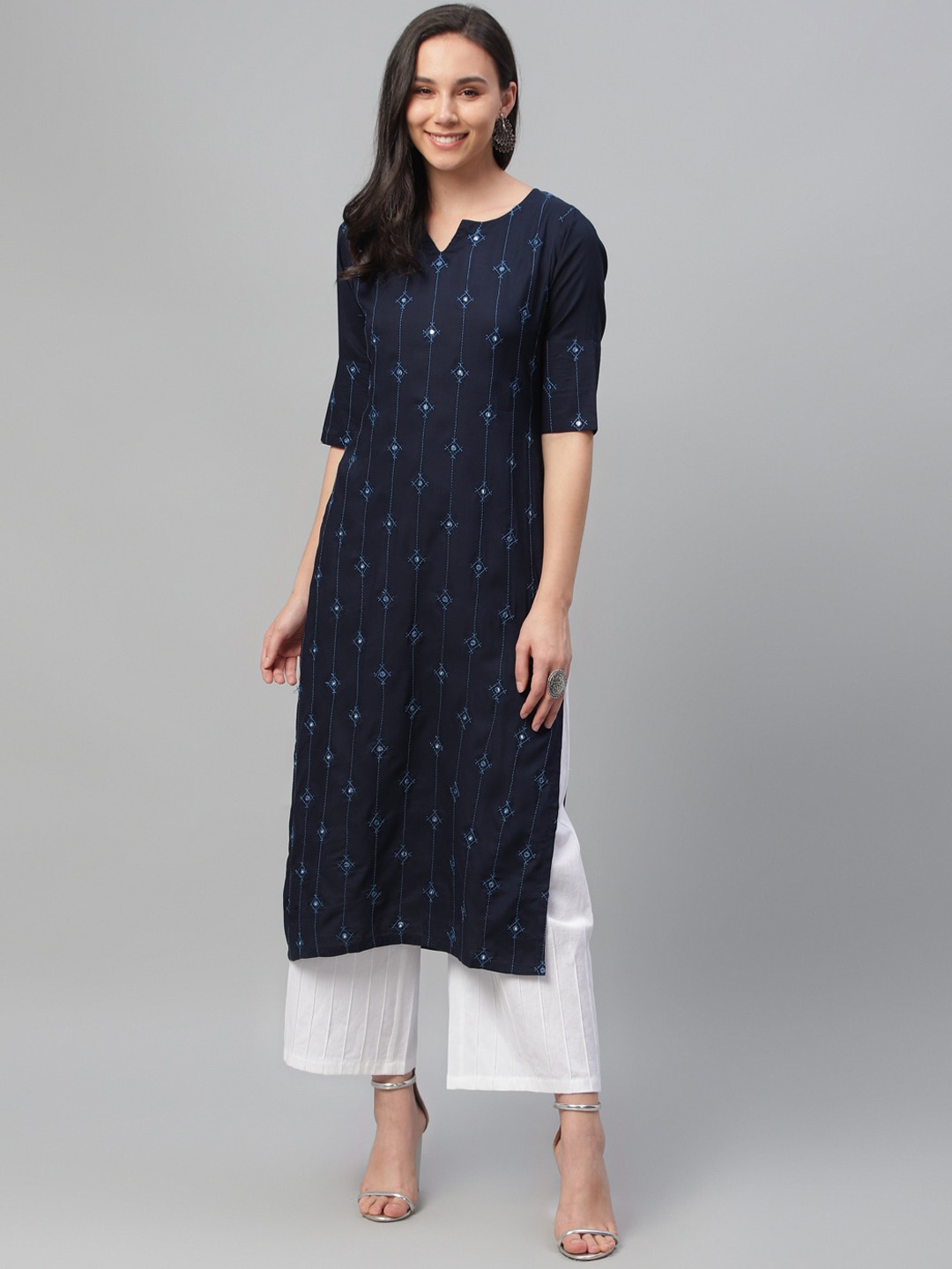Libas Women Navy Blue Embroidered Straight Kurta