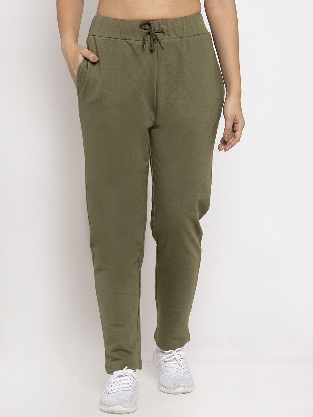 

DOOR74 Women Olive Green Solid Relaxed-Fit Track Pants