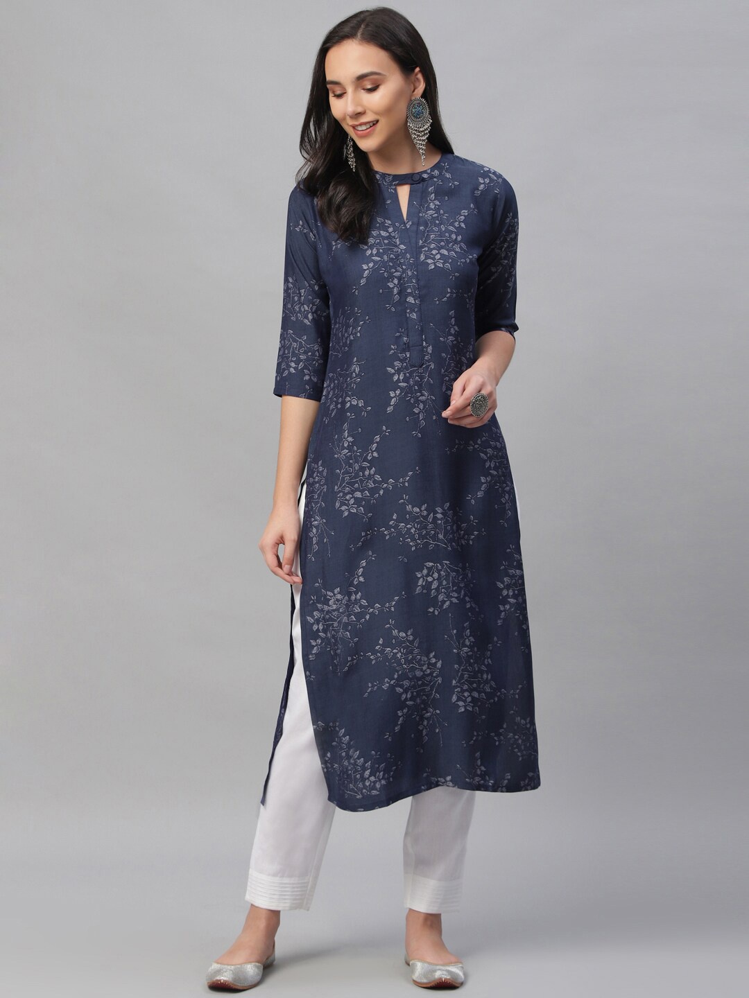 Libas Women Navy Blue Printed Straight Kurta
