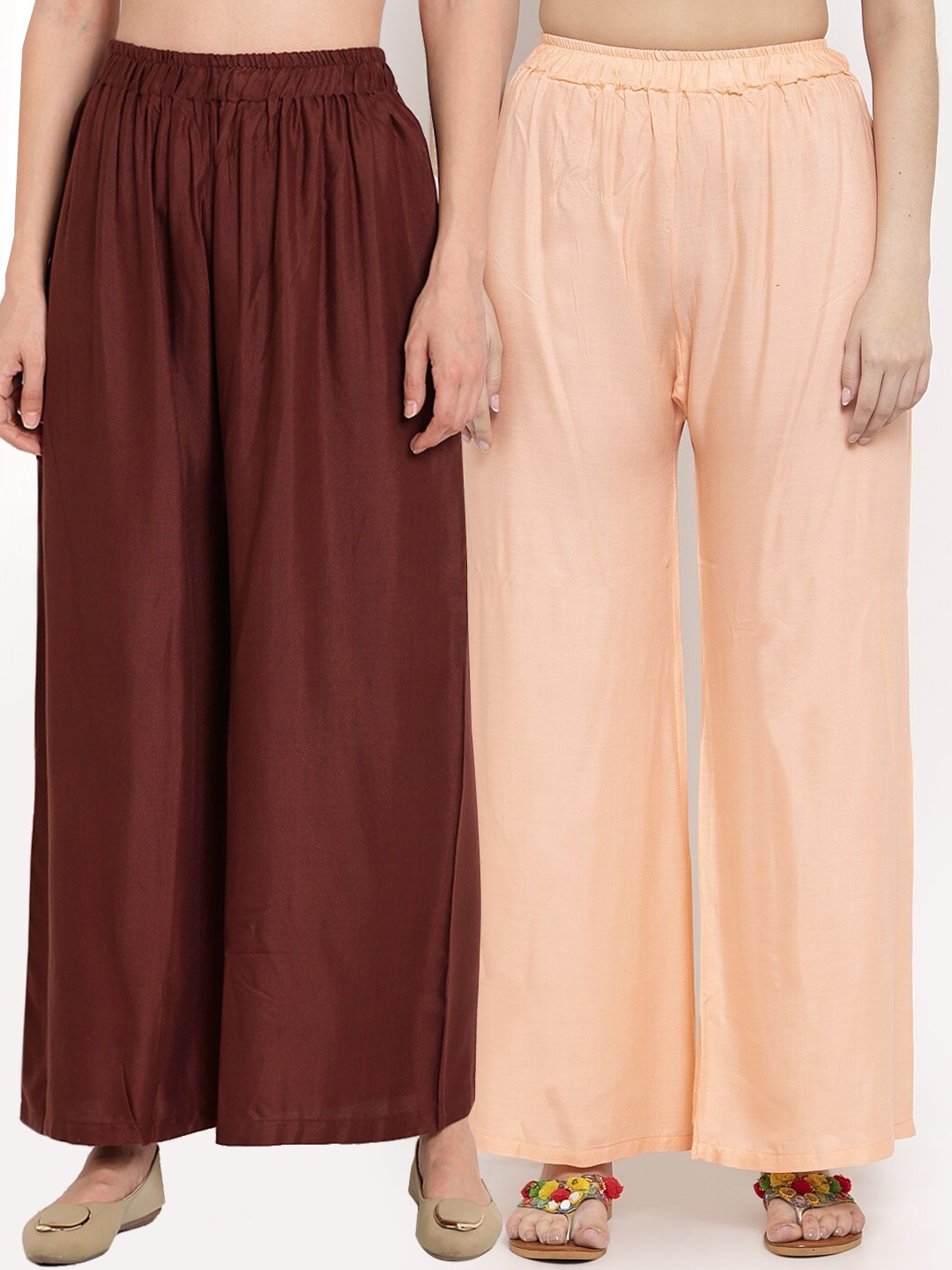 

TAG 7 Women Pack Of 2 Peach-Coloured & Brown Solid Flared Palazzos