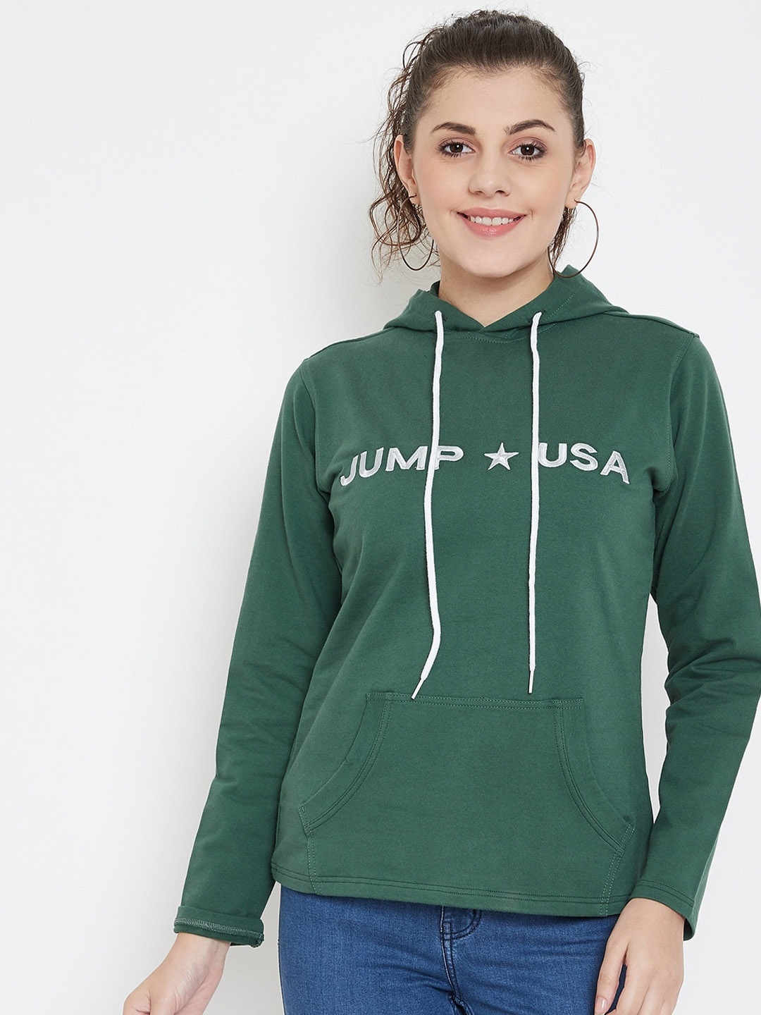 

JUMP USA Women Green Printed Hooded Sweatshirt