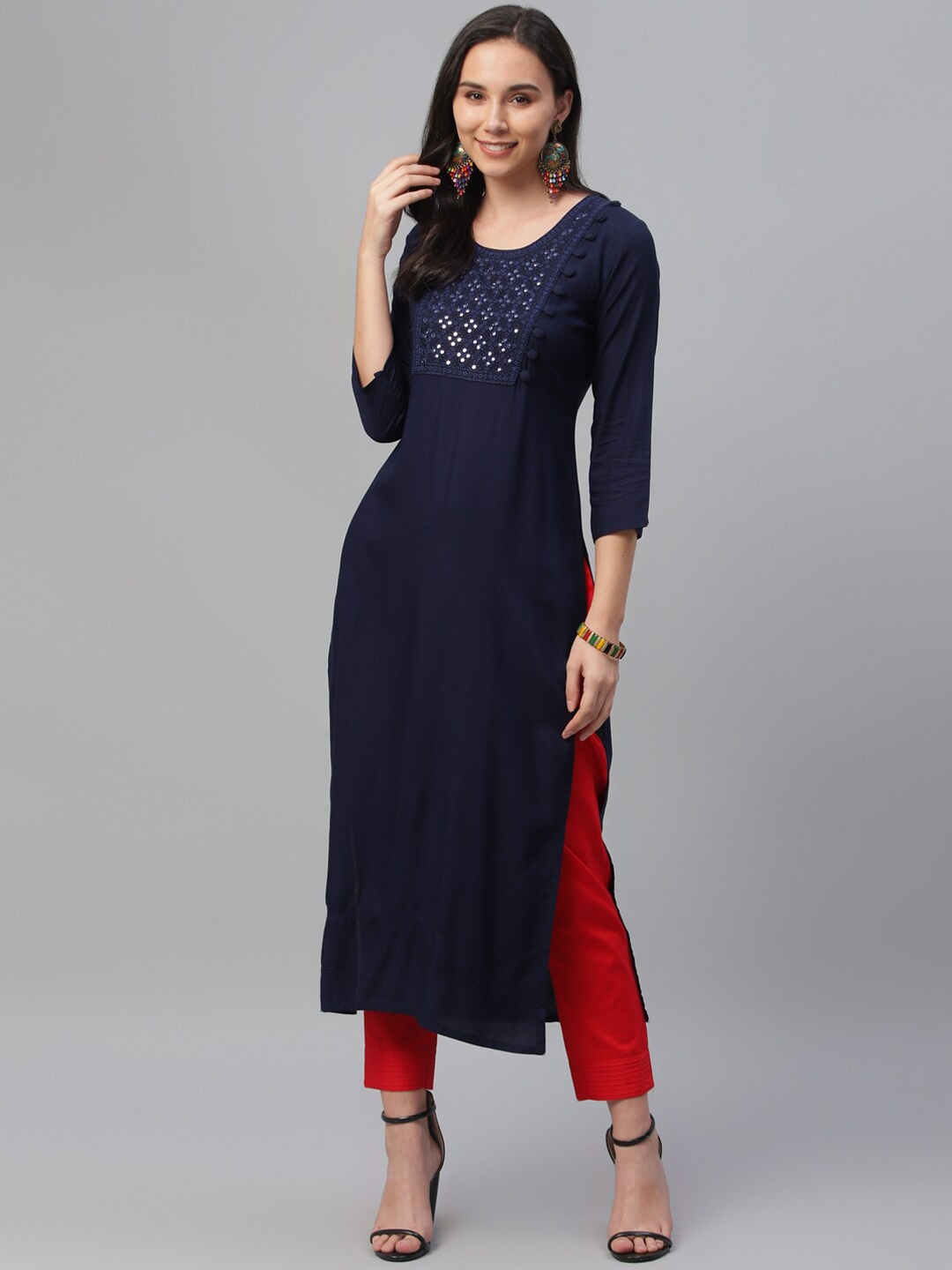 Libas Women Blue Ethnic Motifs Yoke Design Mirror Work Kurta