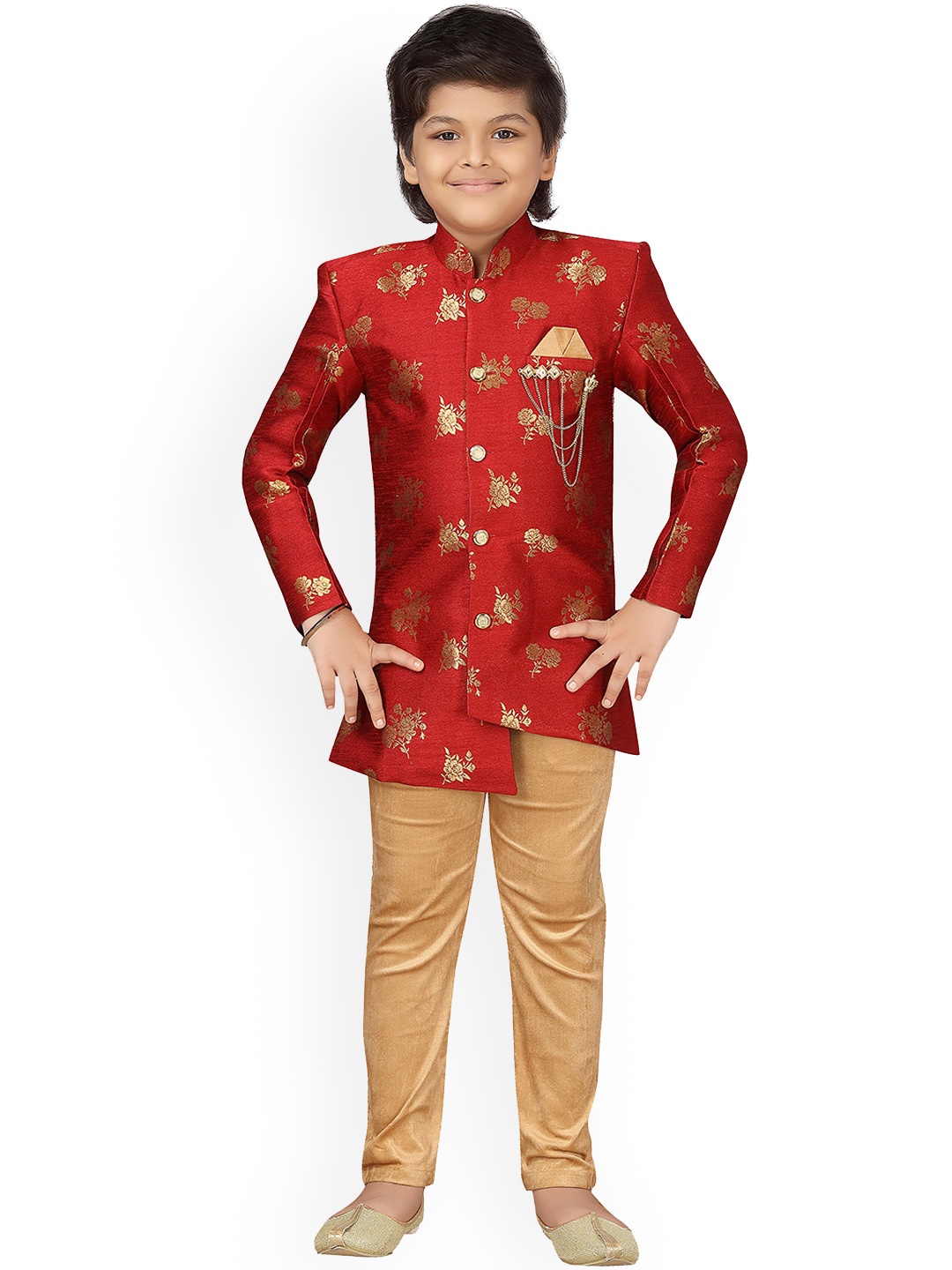 

Aj DEZInES Boys Red & Gold-Coloured Sherwani Set
