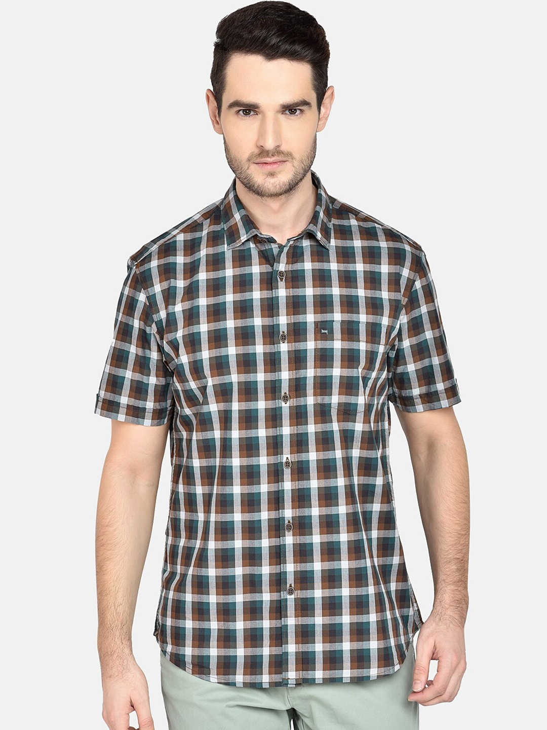 

Basics Men Green & White Slim Fit Checked Casual Shirt