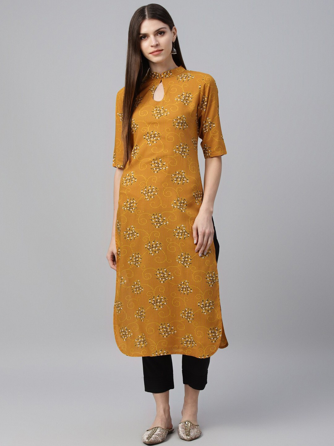 

Libas Women Mustard Yellow Floral Print Straight Kurta