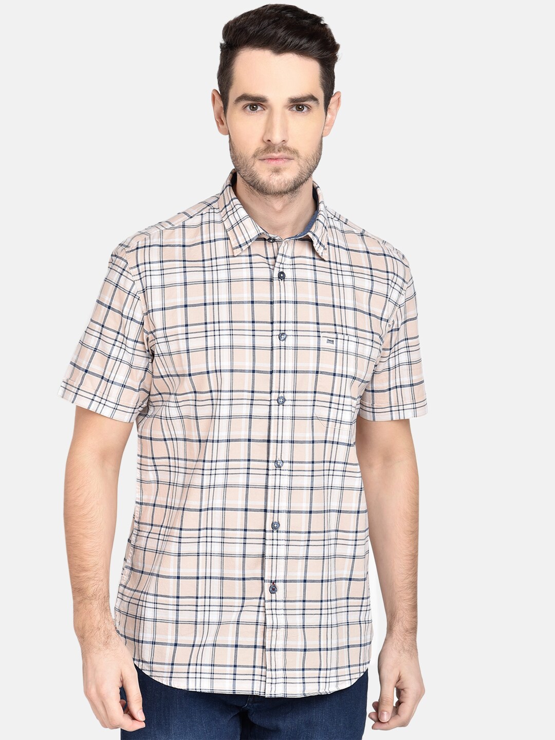 

Basics Men Beige & Black Slim Fit Checked Casual Shirt