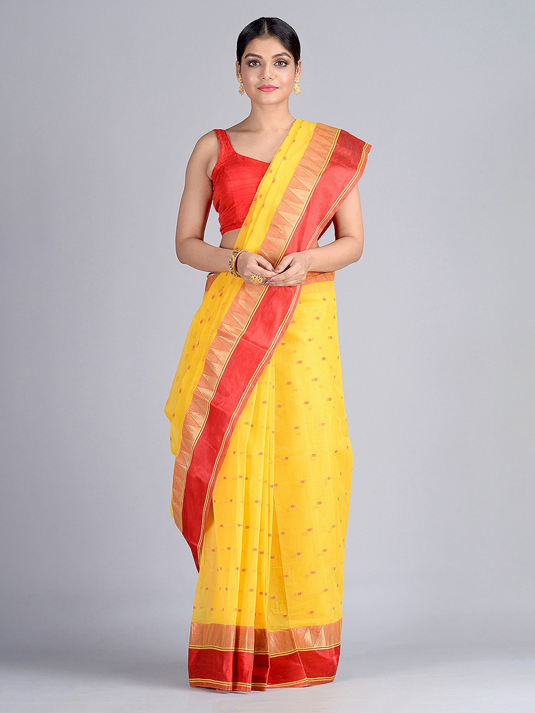 

Mitera Yellow & Red Pure Cotton Woven Design Taant Saree