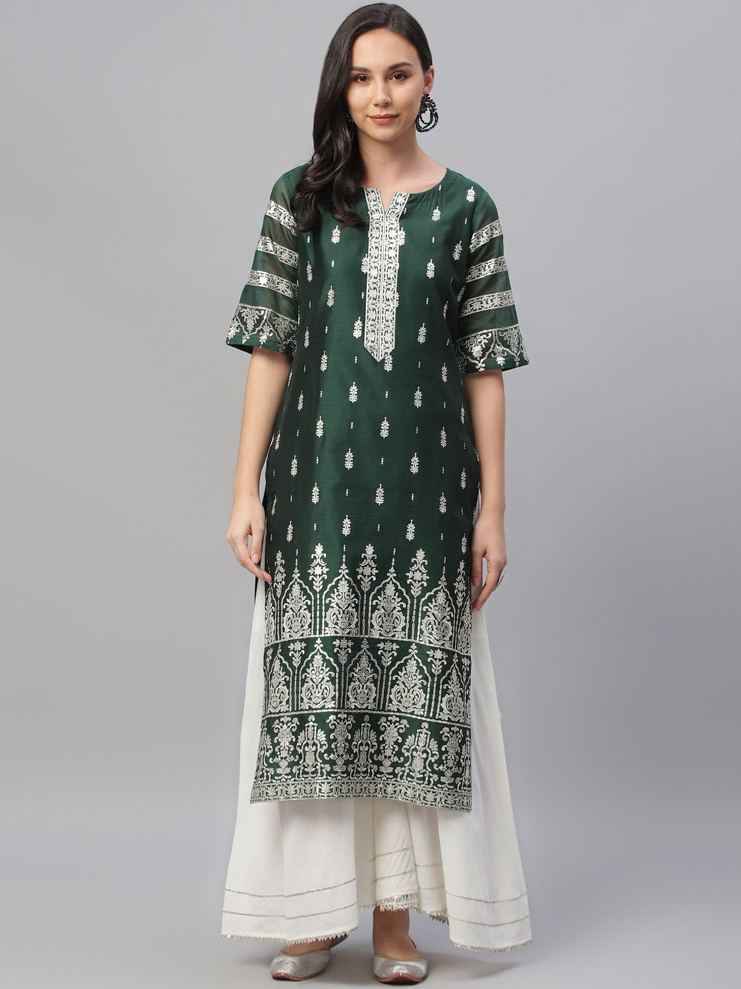 

Libas Women Green & Off-White Printed Straight Kurta